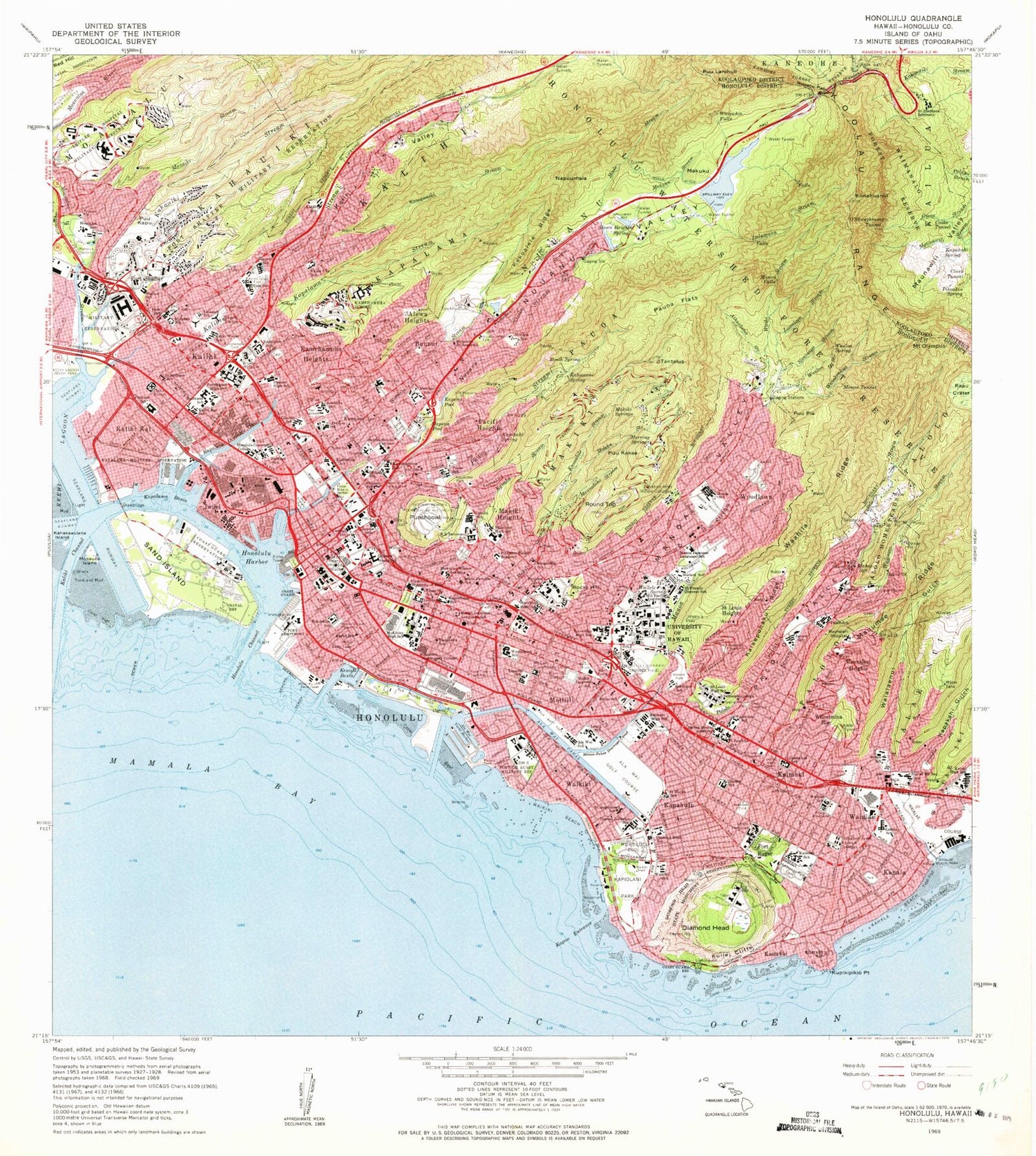 Classic USGS Honolulu Hawaii 7.5'x7.5' Topo Map Image