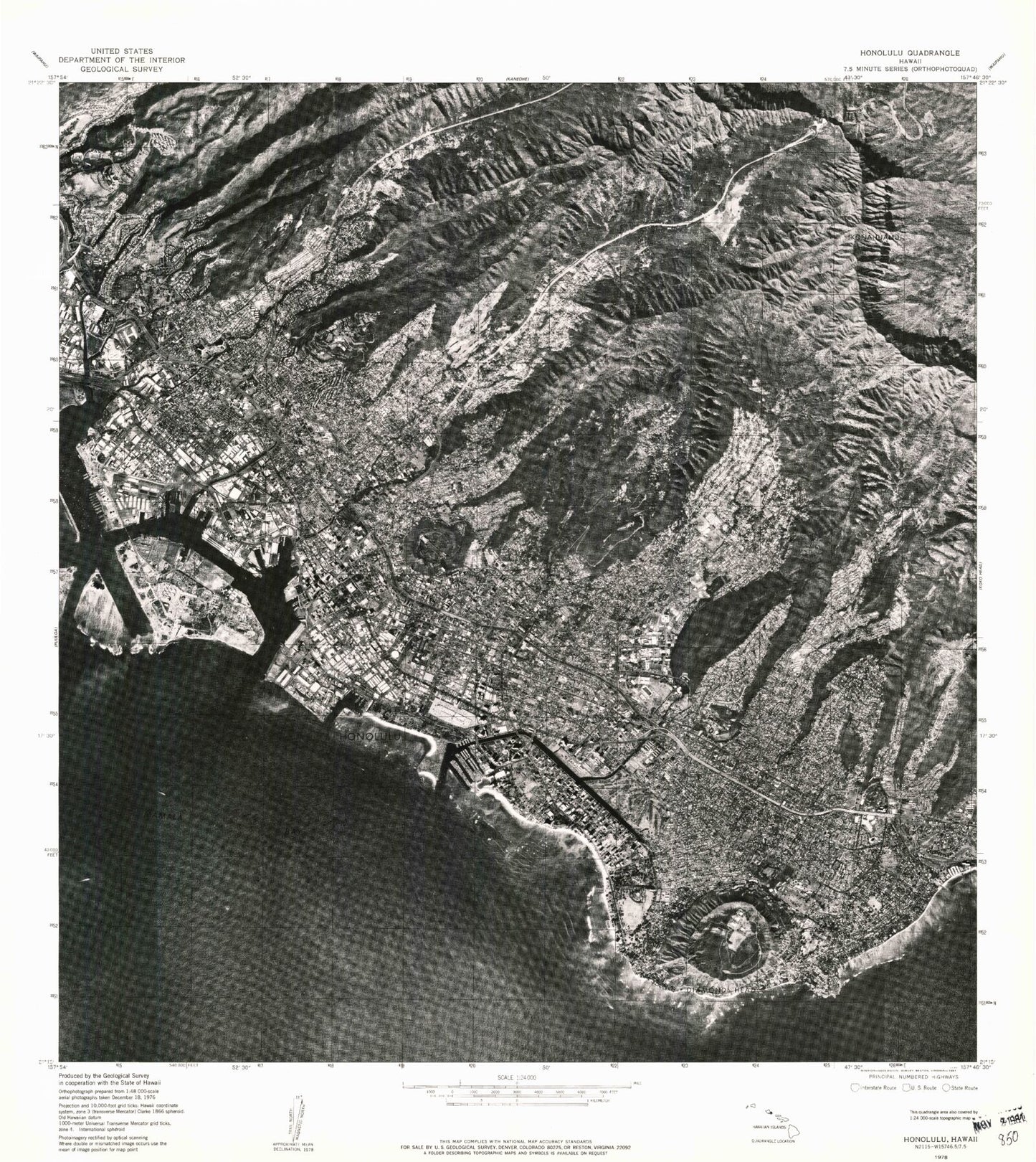 Classic USGS Honolulu Hawaii 7.5'x7.5' Topo Map Image