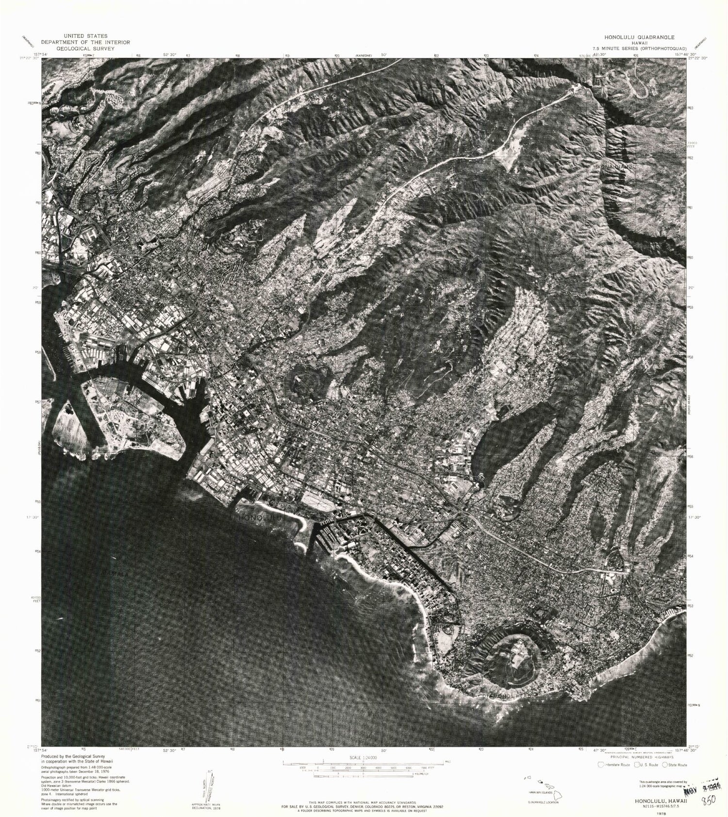 Classic USGS Honolulu Hawaii 7.5'x7.5' Topo Map Image