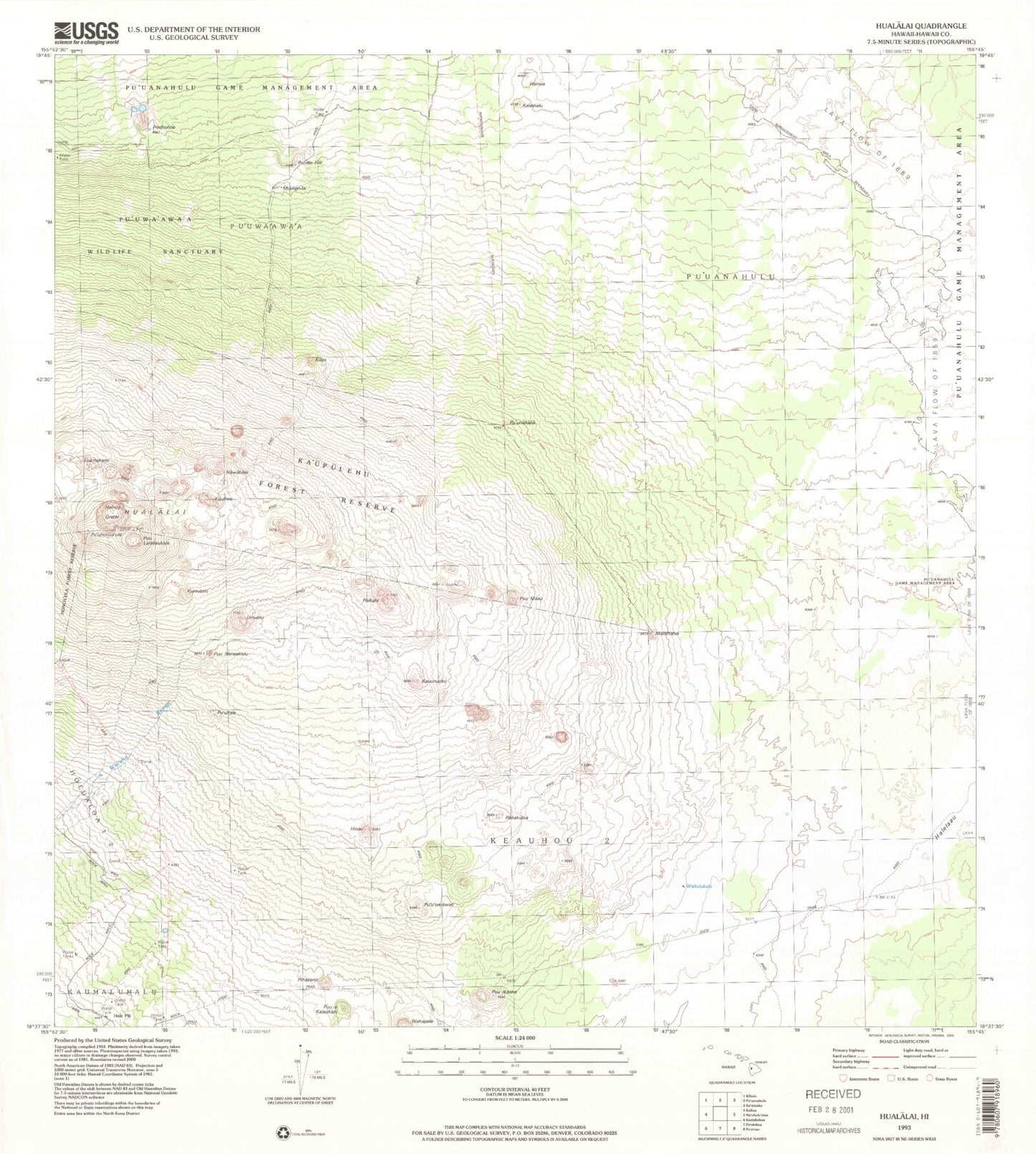 Classic USGS Hualalai Hawaii 7.5'x7.5' Topo Map Image