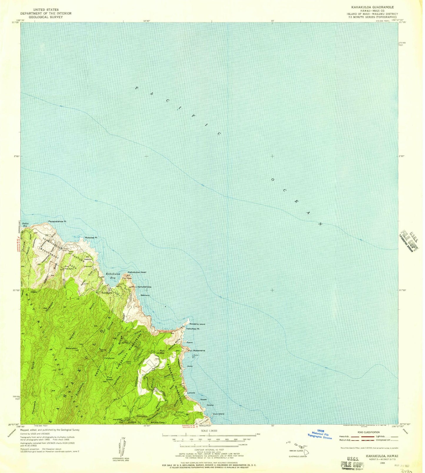Classic USGS Kahakuloa Hawaii 7.5'x7.5' Topo Map Image