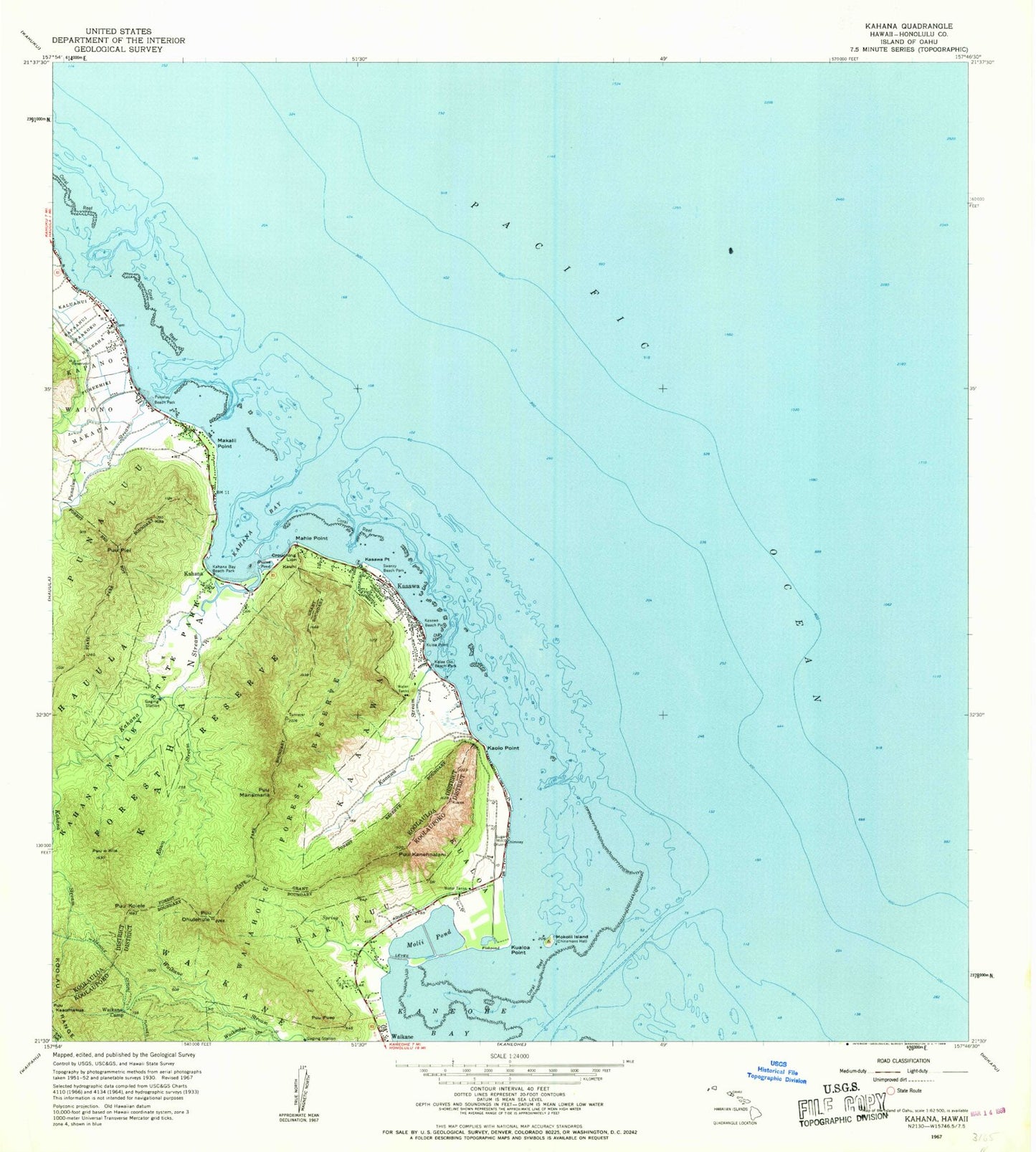 Classic USGS Kahana Hawaii 7.5'x7.5' Topo Map Image