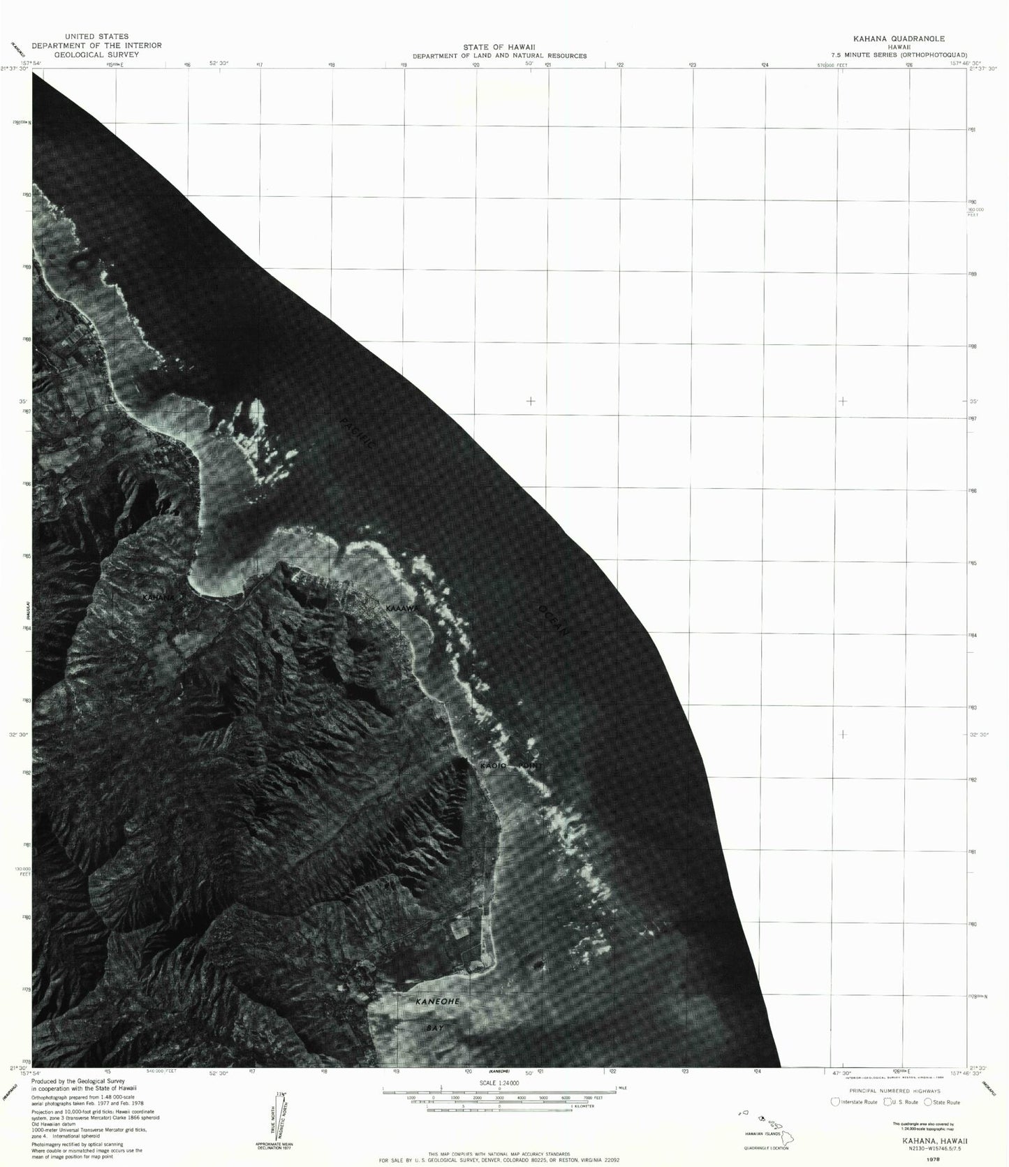 Classic USGS Kahana Hawaii 7.5'x7.5' Topo Map Image
