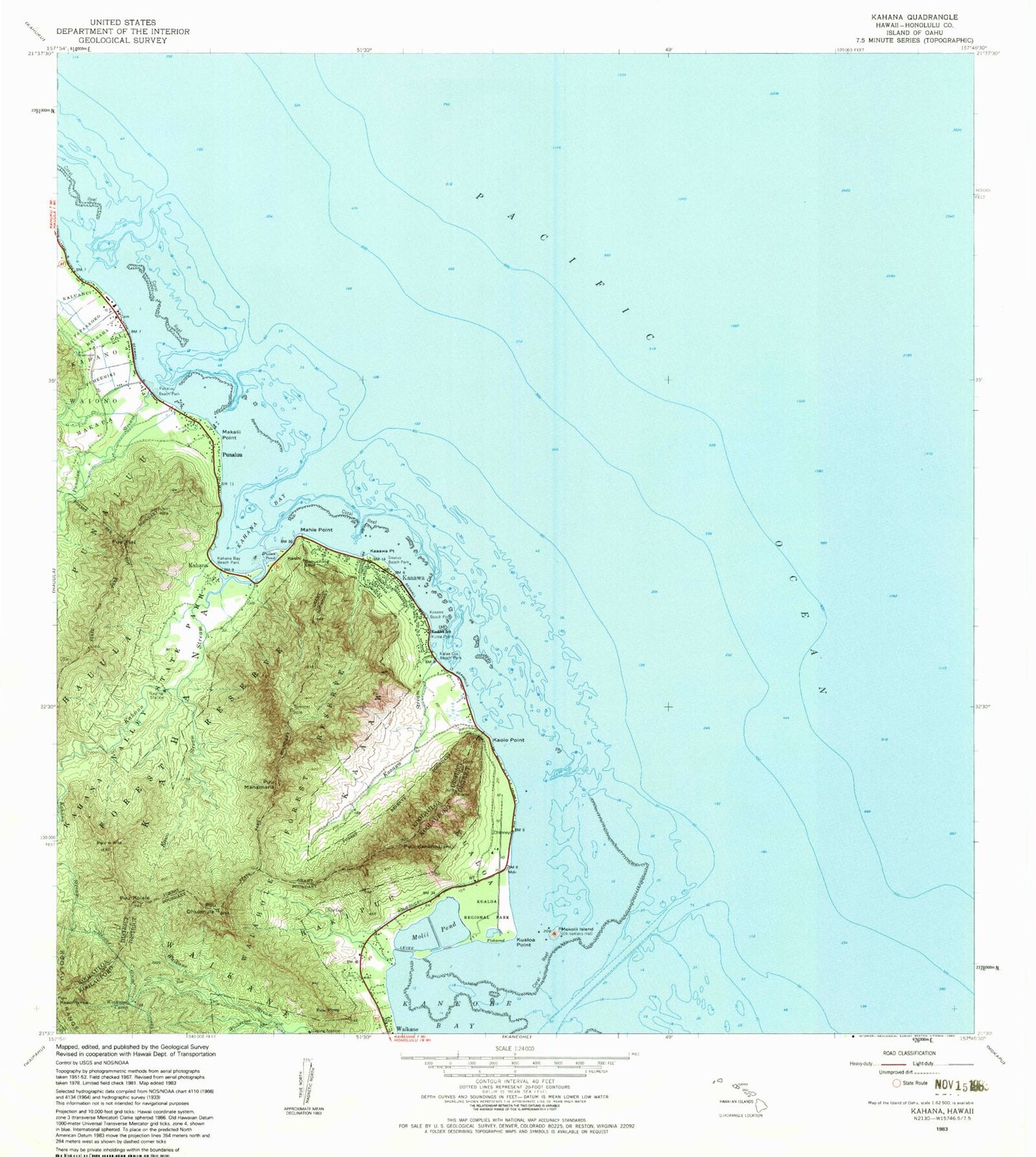 Classic USGS Kahana Hawaii 7.5'x7.5' Topo Map Image