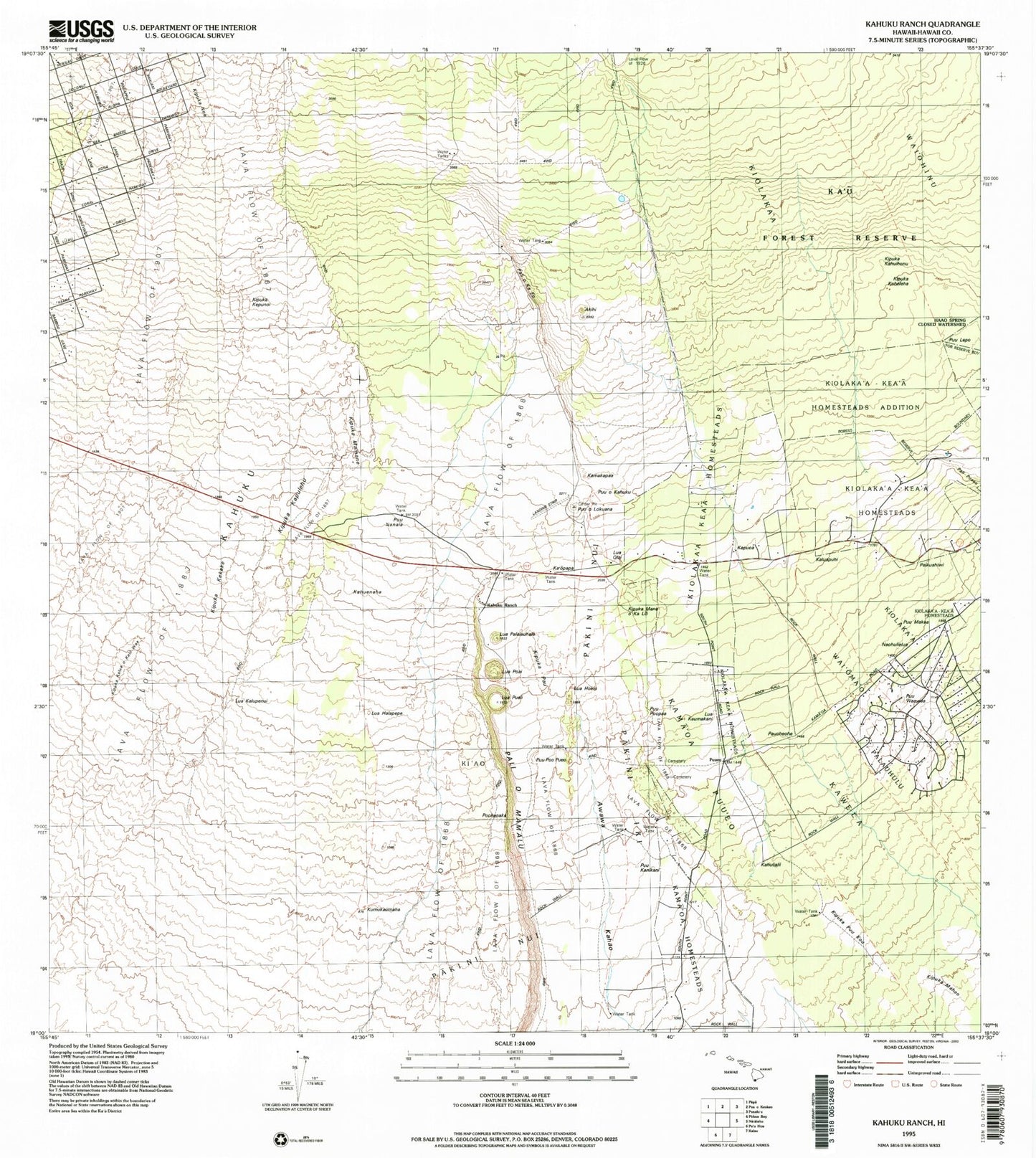Classic USGS Kahuku Ranch Hawaii 7.5'x7.5' Topo Map Image