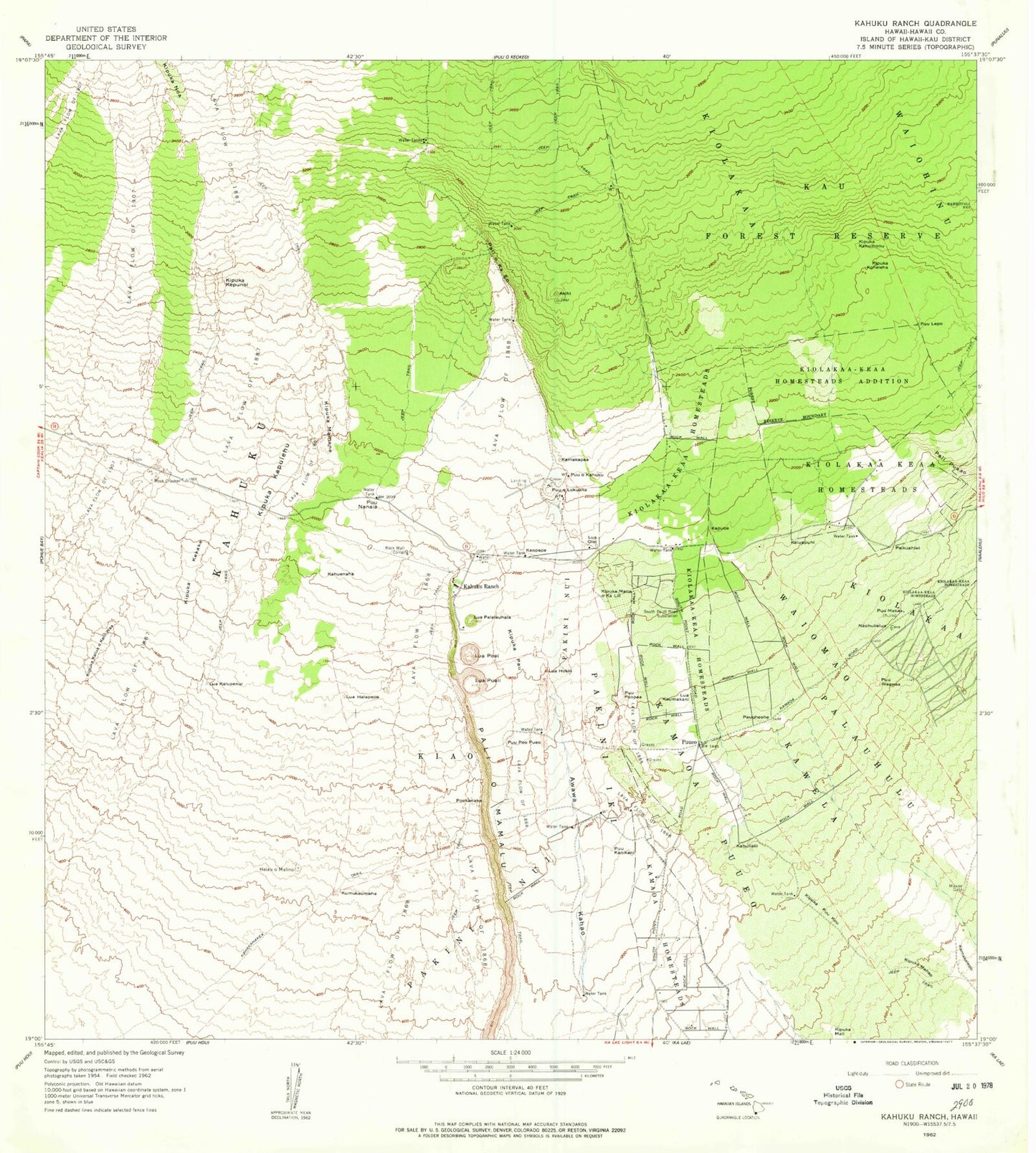 Classic USGS Kahuku Ranch Hawaii 7.5'x7.5' Topo Map Image