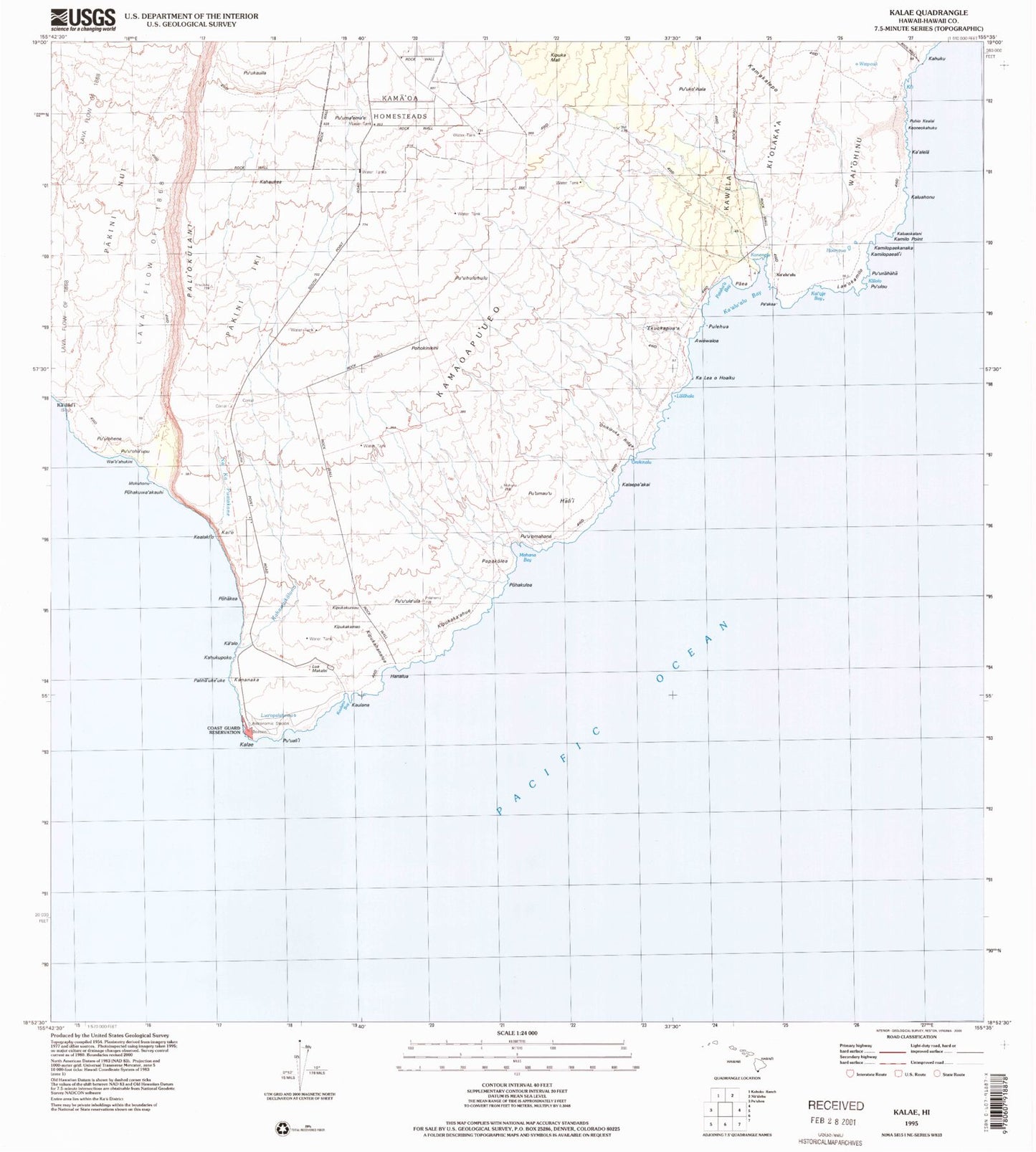 Classic USGS Kalae Hawaii 7.5'x7.5' Topo Map Image
