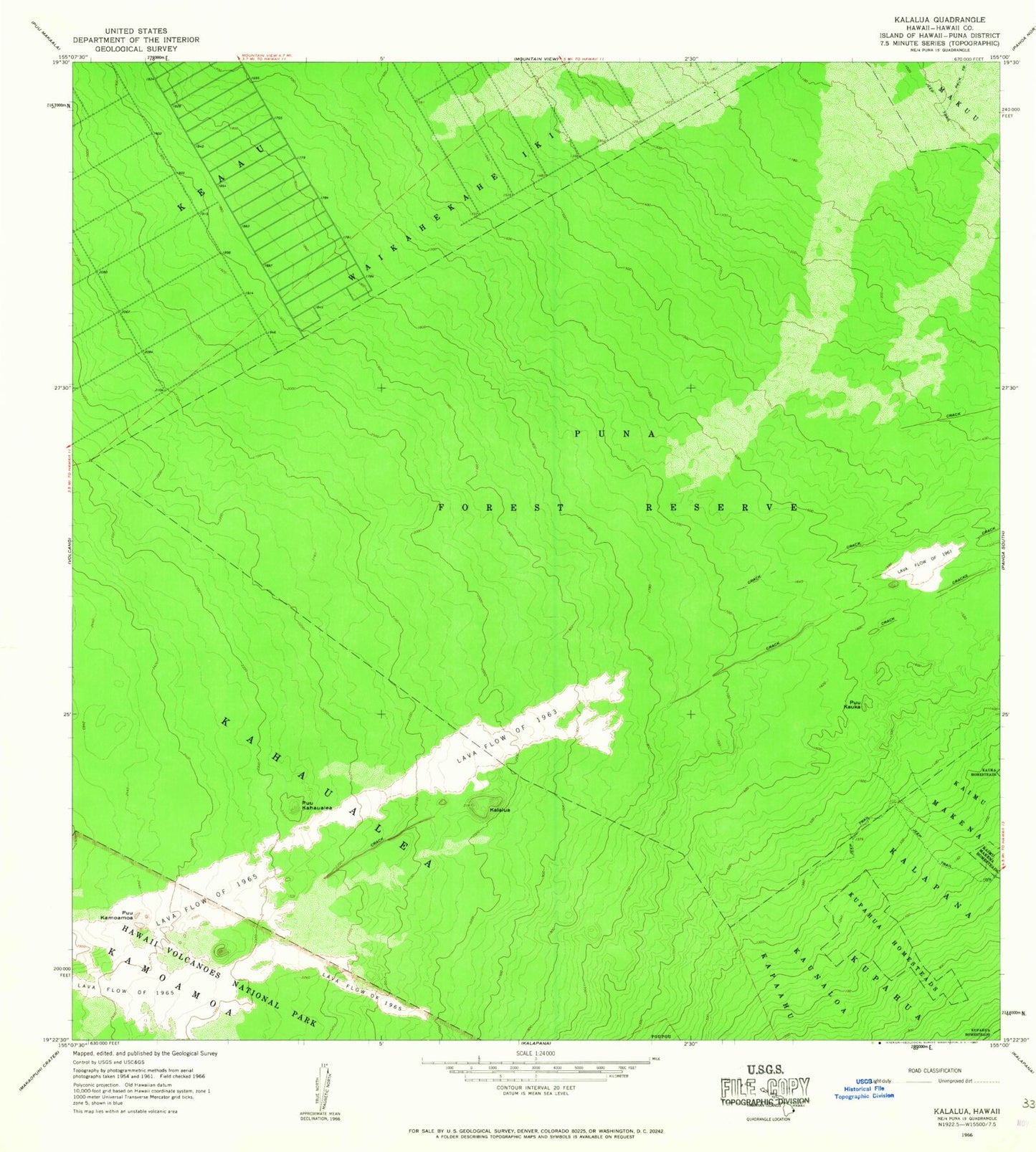 Classic USGS Kalalua Hawaii 7.5'x7.5' Topo Map Image