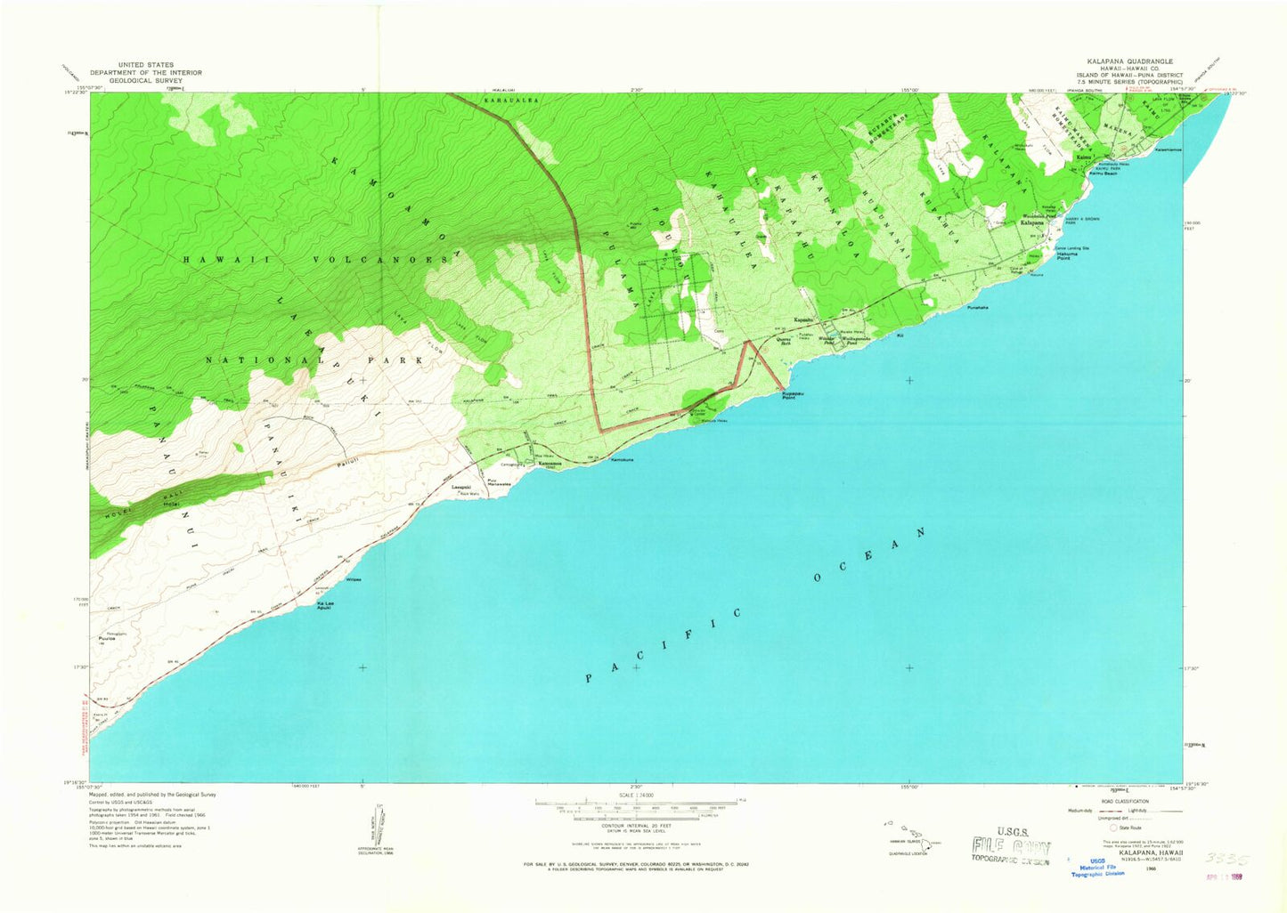 Classic USGS Kalapana Hawaii 7.5'x7.5' Topo Map Image