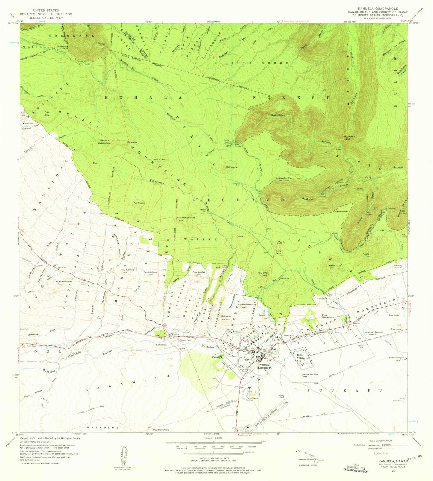 Classic USGS Kamuela Hawaii 7.5'x7.5' Topo Map Image