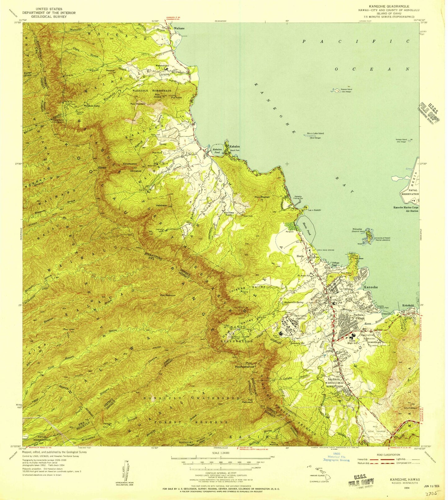 Classic USGS Kaneohe Hawaii 7.5'x7.5' Topo Map Image
