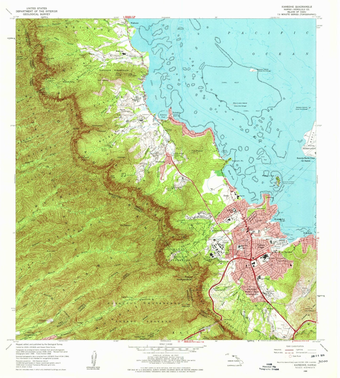 Classic USGS Kaneohe Hawaii 7.5'x7.5' Topo Map Image
