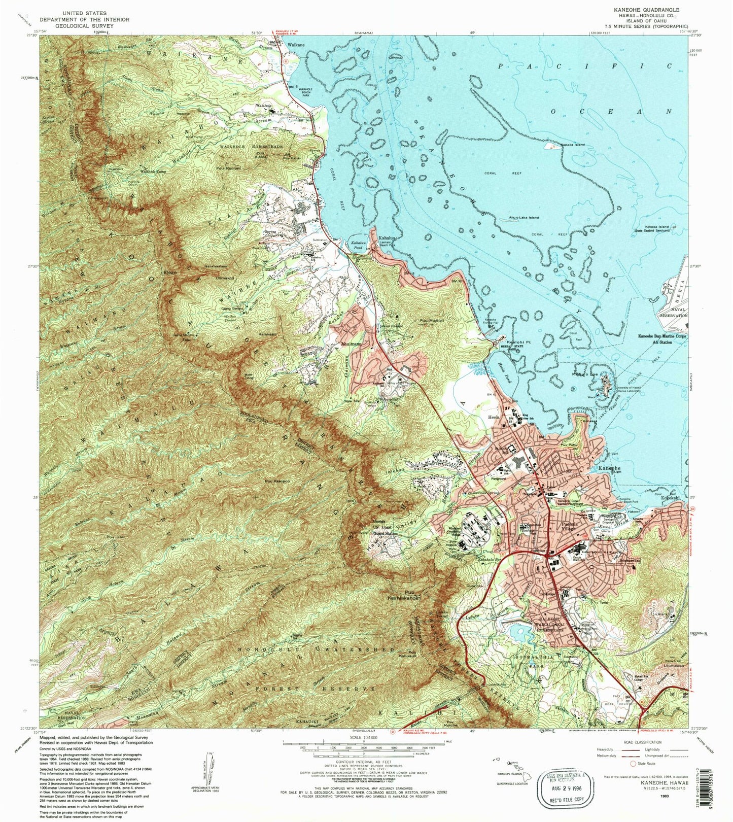 Classic USGS Kaneohe Hawaii 7.5'x7.5' Topo Map Image