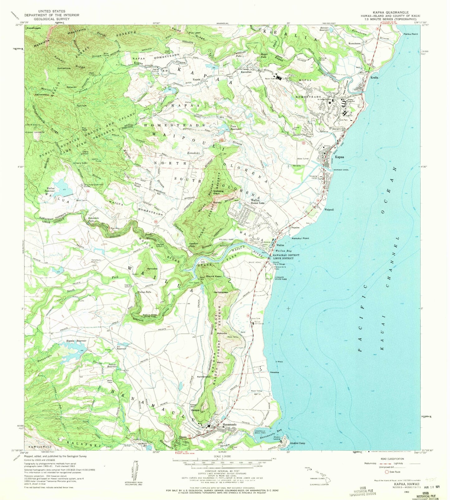 Classic USGS Kapaa Hawaii 7.5'x7.5' Topo Map Image