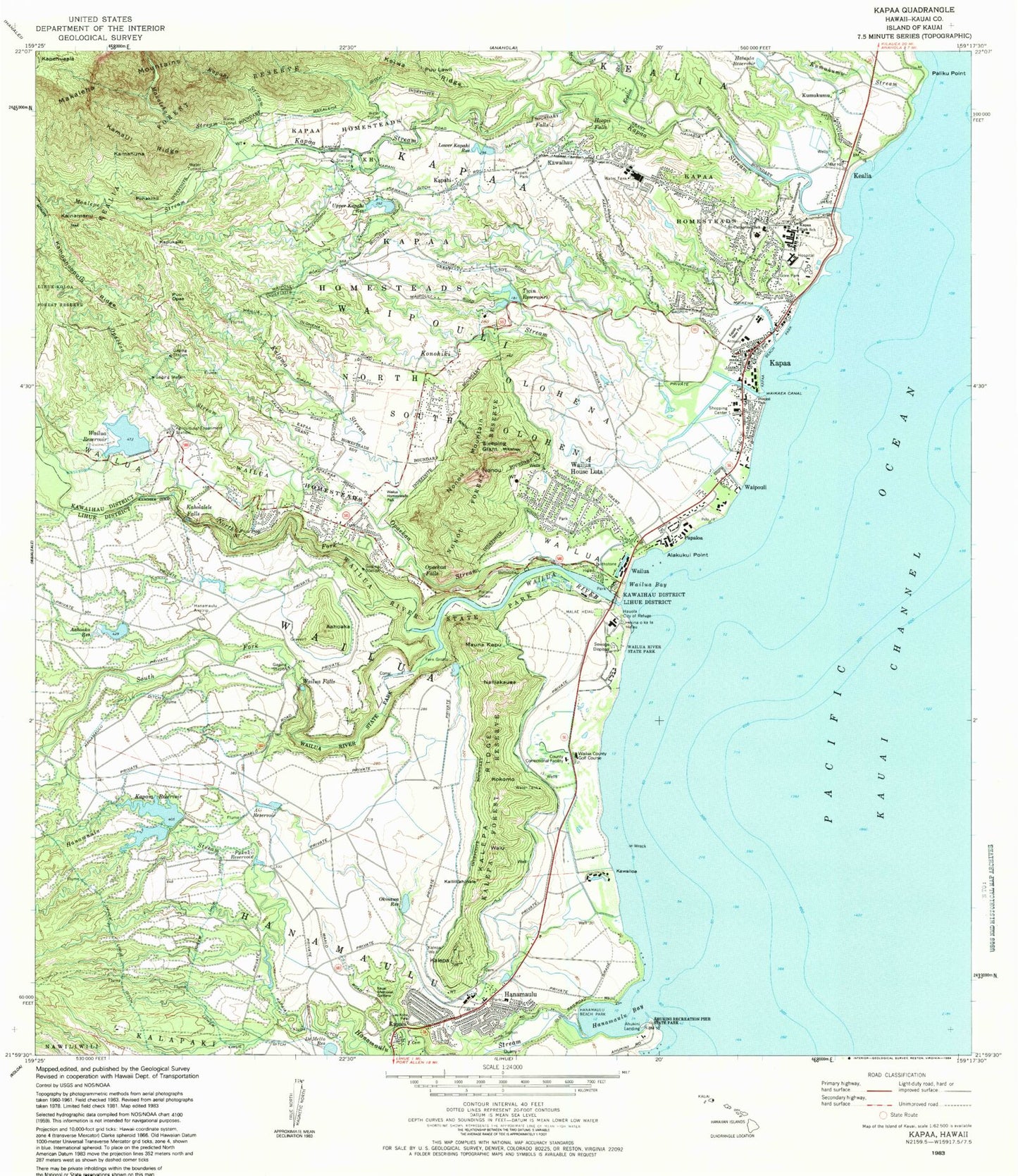 Classic USGS Kapaa Hawaii 7.5'x7.5' Topo Map Image