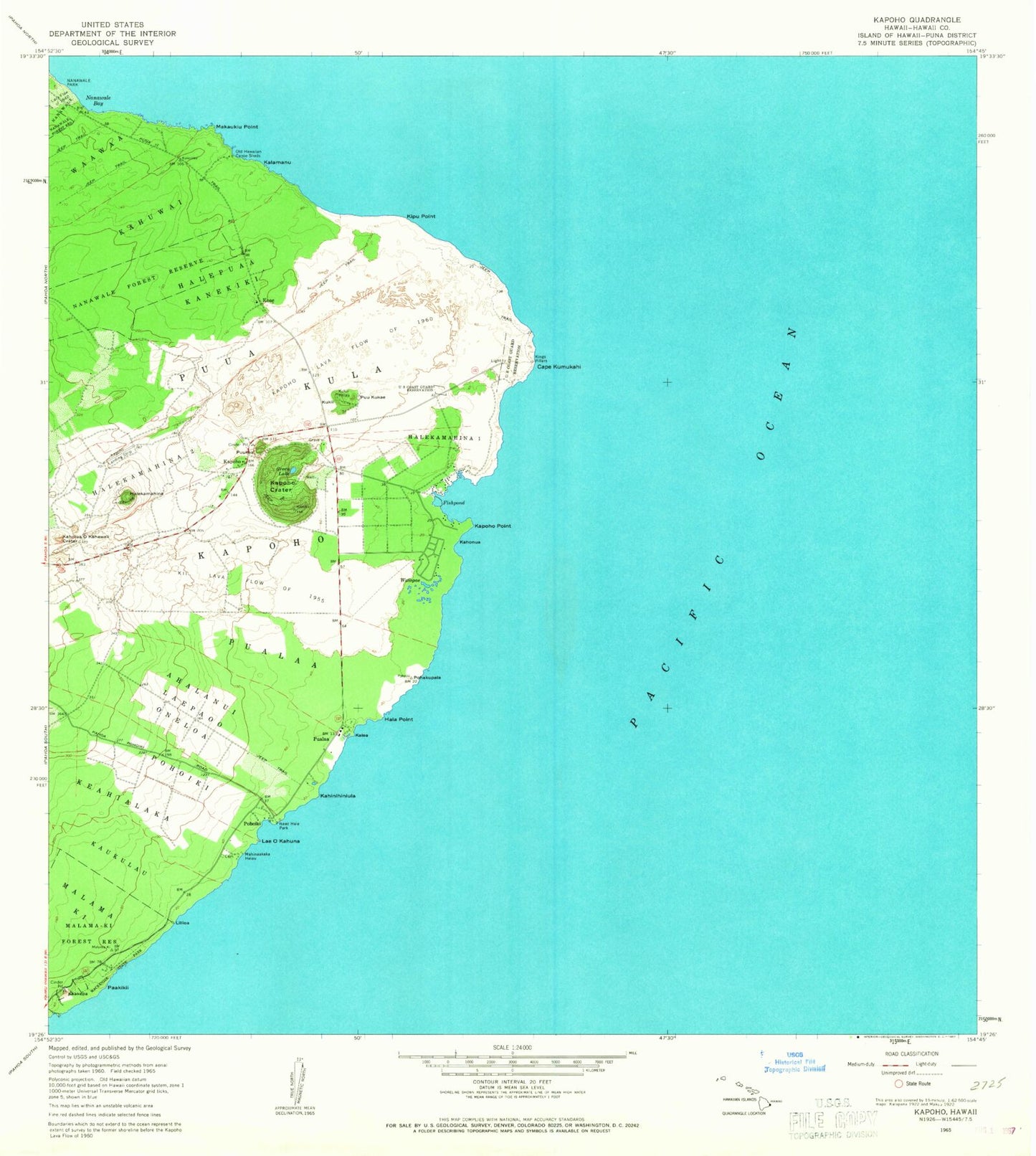 Classic USGS Kapoho Hawaii 7.5'x7.5' Topo Map Image