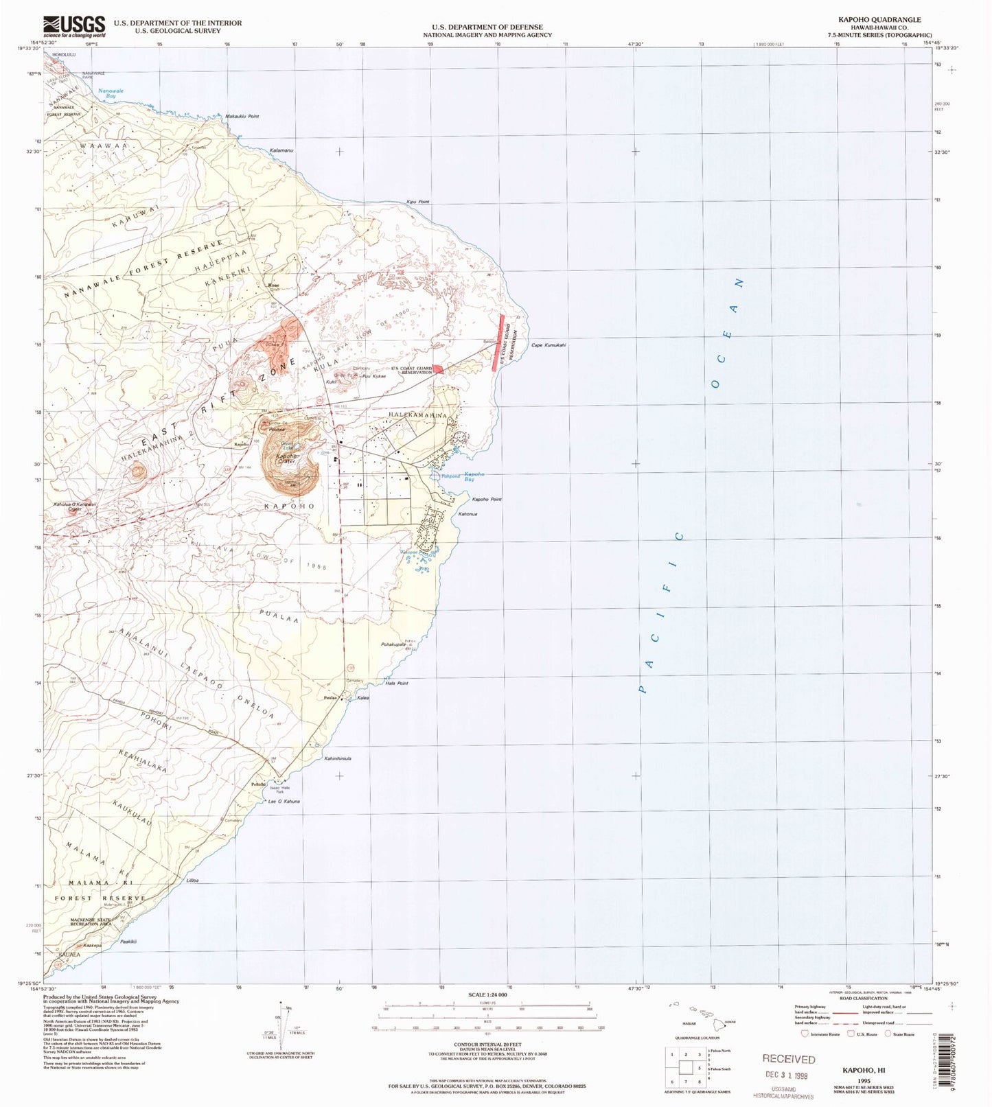 Classic USGS Kapoho Hawaii 7.5'x7.5' Topo Map Image