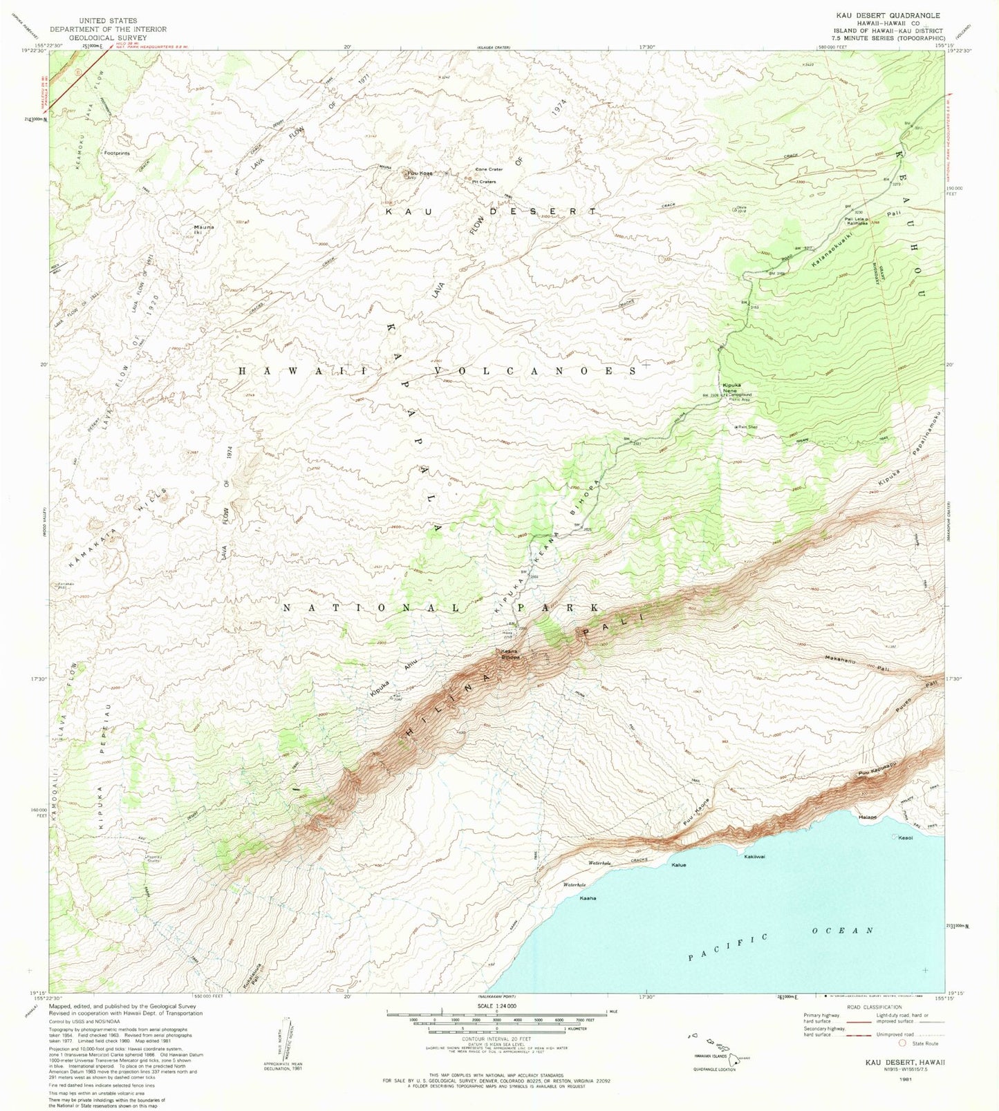 Classic USGS Kau Desert Hawaii 7.5'x7.5' Topo Map Image