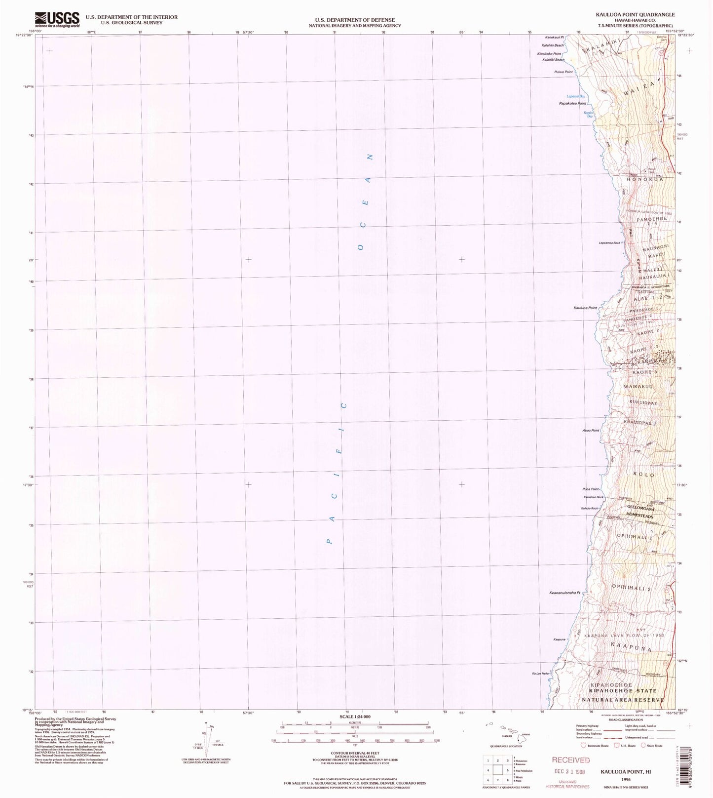 Classic USGS Kauluoa Point Hawaii 7.5'x7.5' Topo Map Image