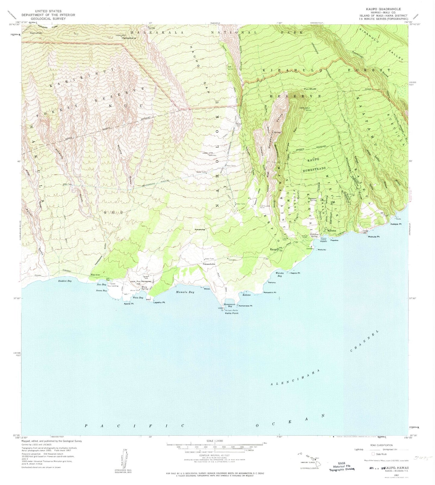 Classic USGS Kaupo Hawaii 7.5'x7.5' Topo Map Image