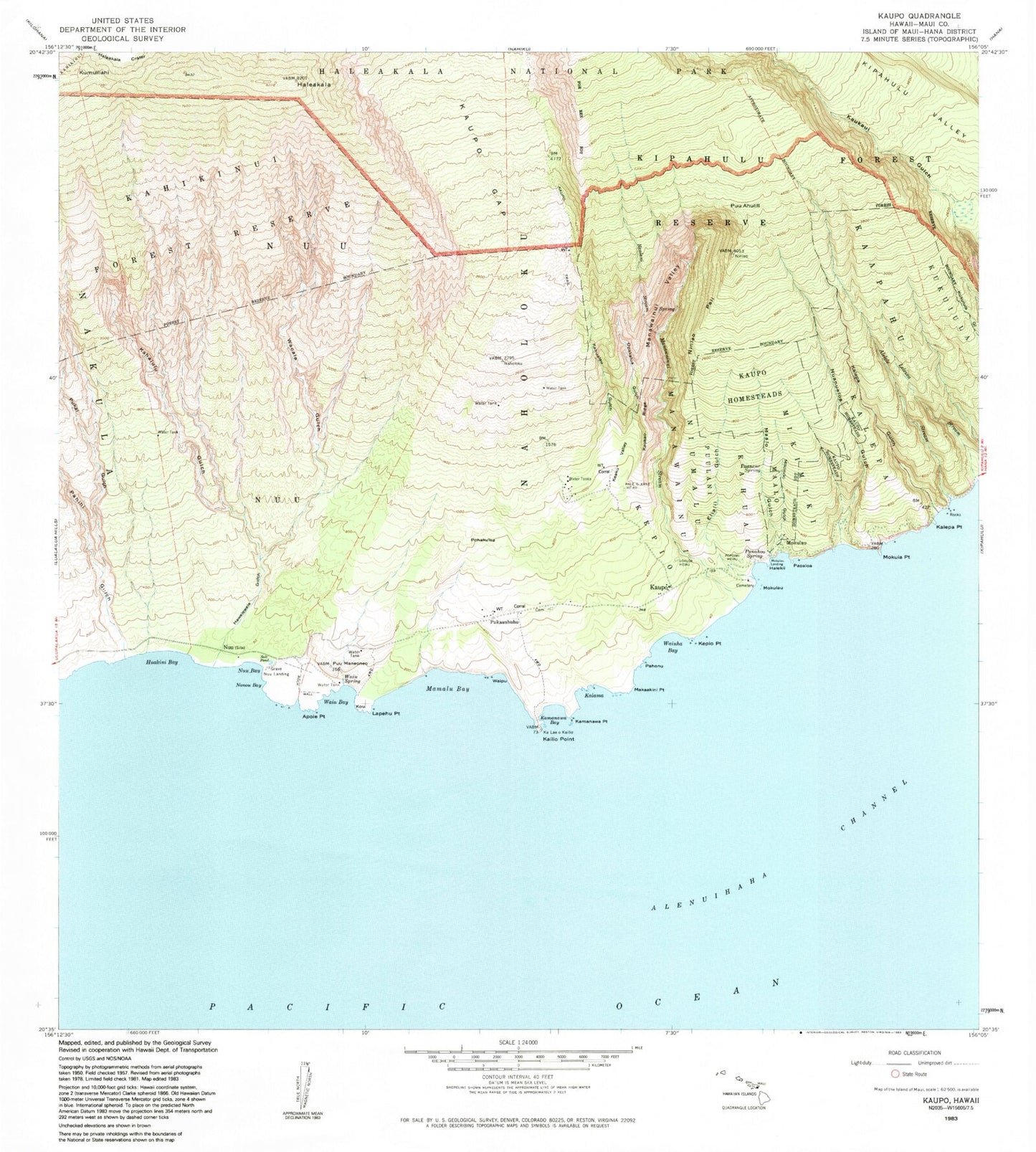 Classic USGS Kaupo Hawaii 7.5'x7.5' Topo Map Image
