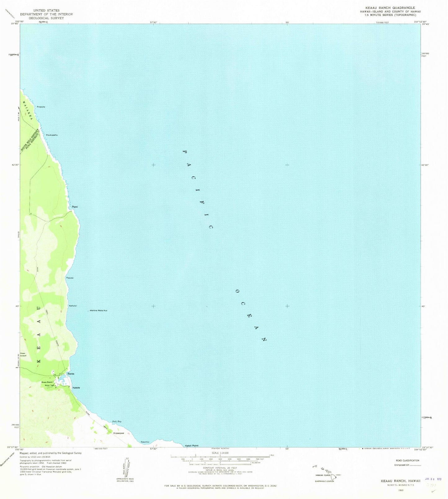 Classic USGS Keaau Ranch Hawaii 7.5'x7.5' Topo Map Image
