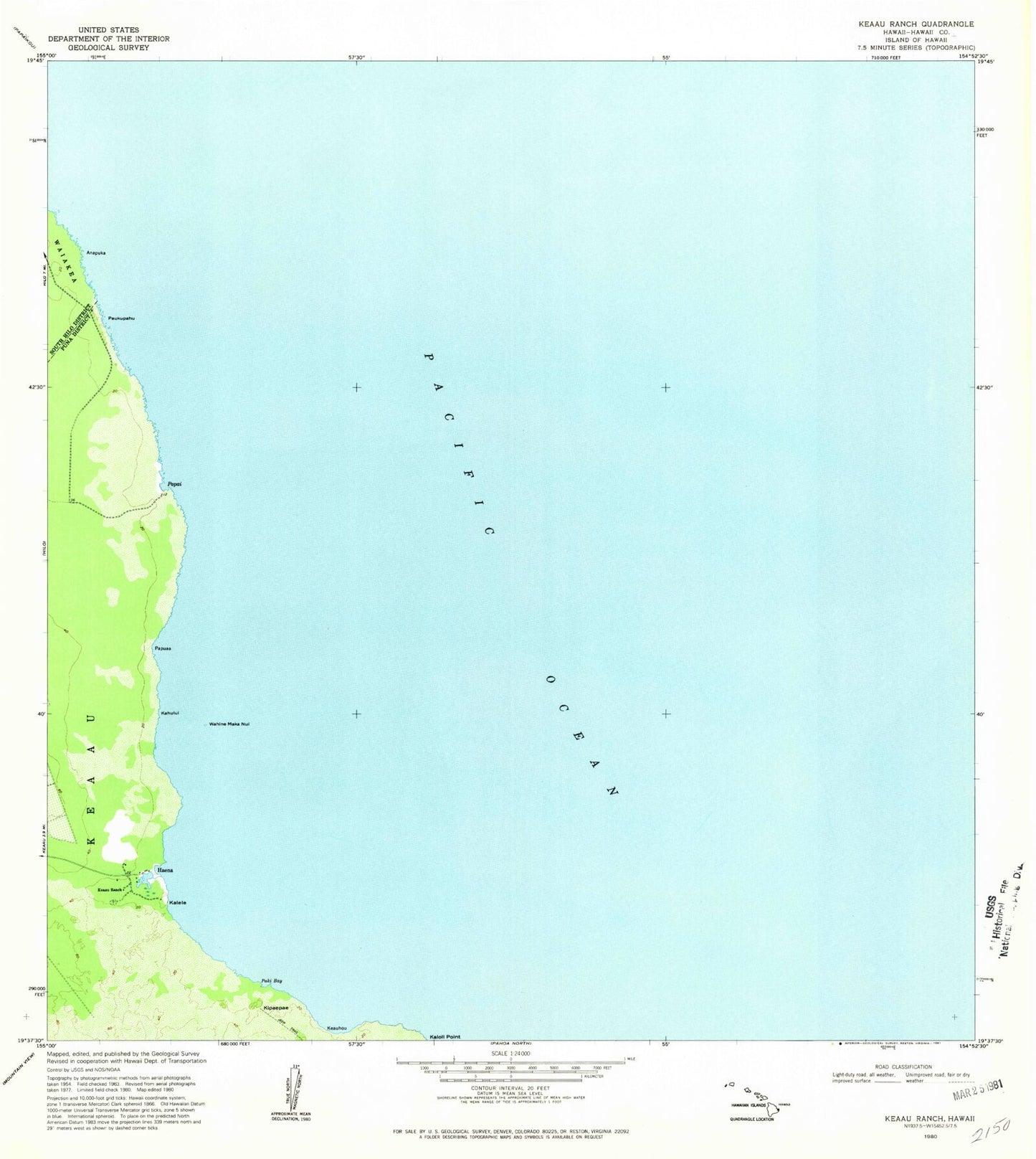 Classic USGS Keaau Ranch Hawaii 7.5'x7.5' Topo Map Image