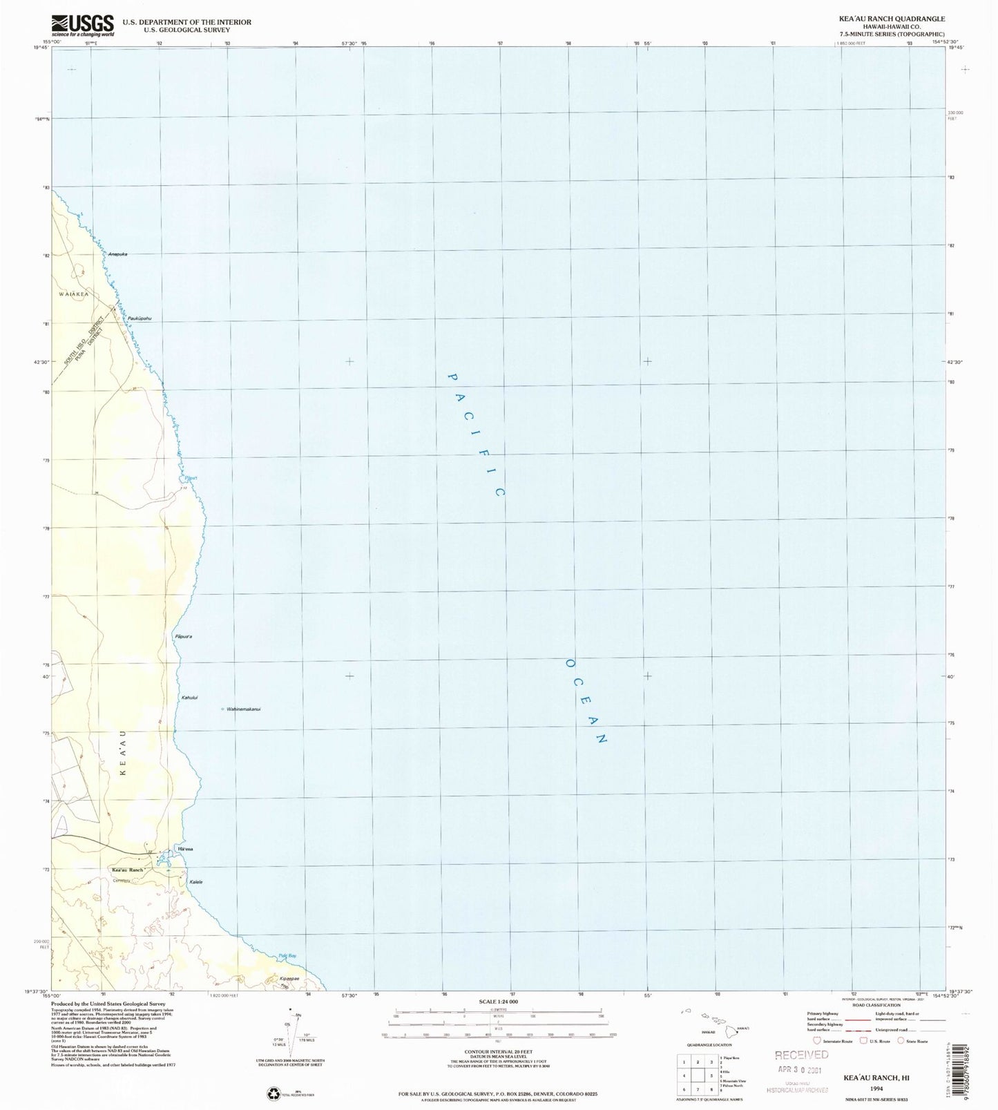Classic USGS Keaau Ranch Hawaii 7.5'x7.5' Topo Map Image