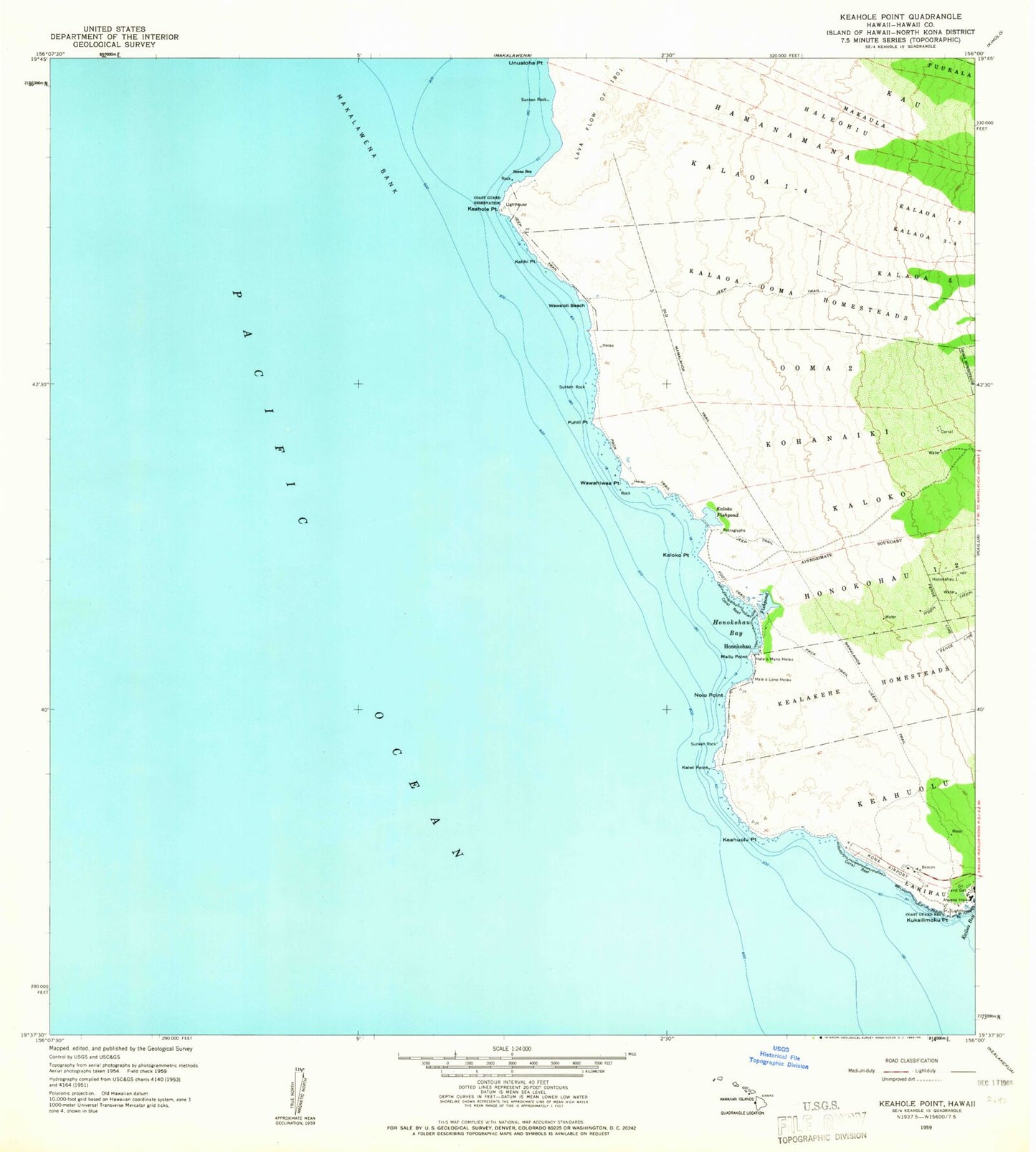 Classic USGS Keahole Point Hawaii 7.5'x7.5' Topo Map Image