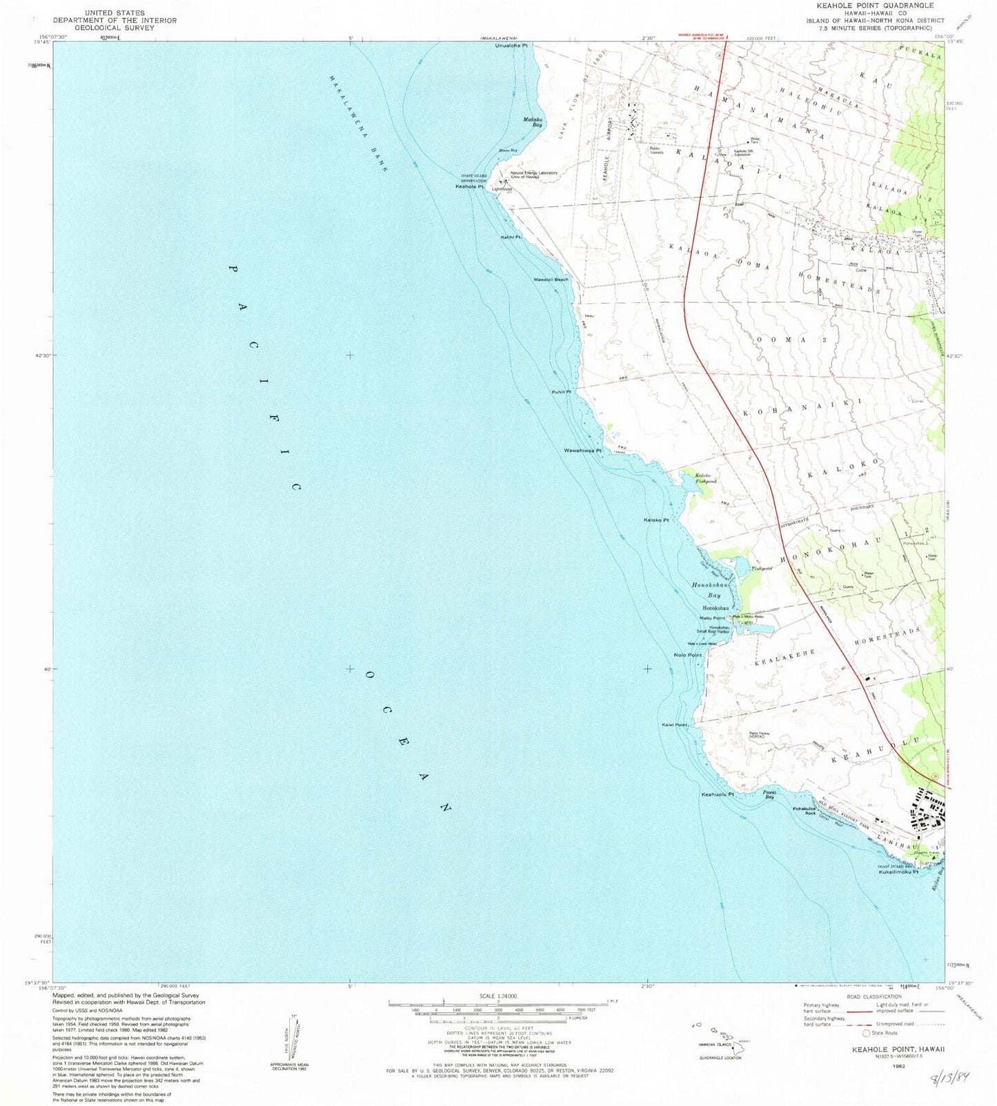 Classic USGS Keahole Point Hawaii 7.5'x7.5' Topo Map Image