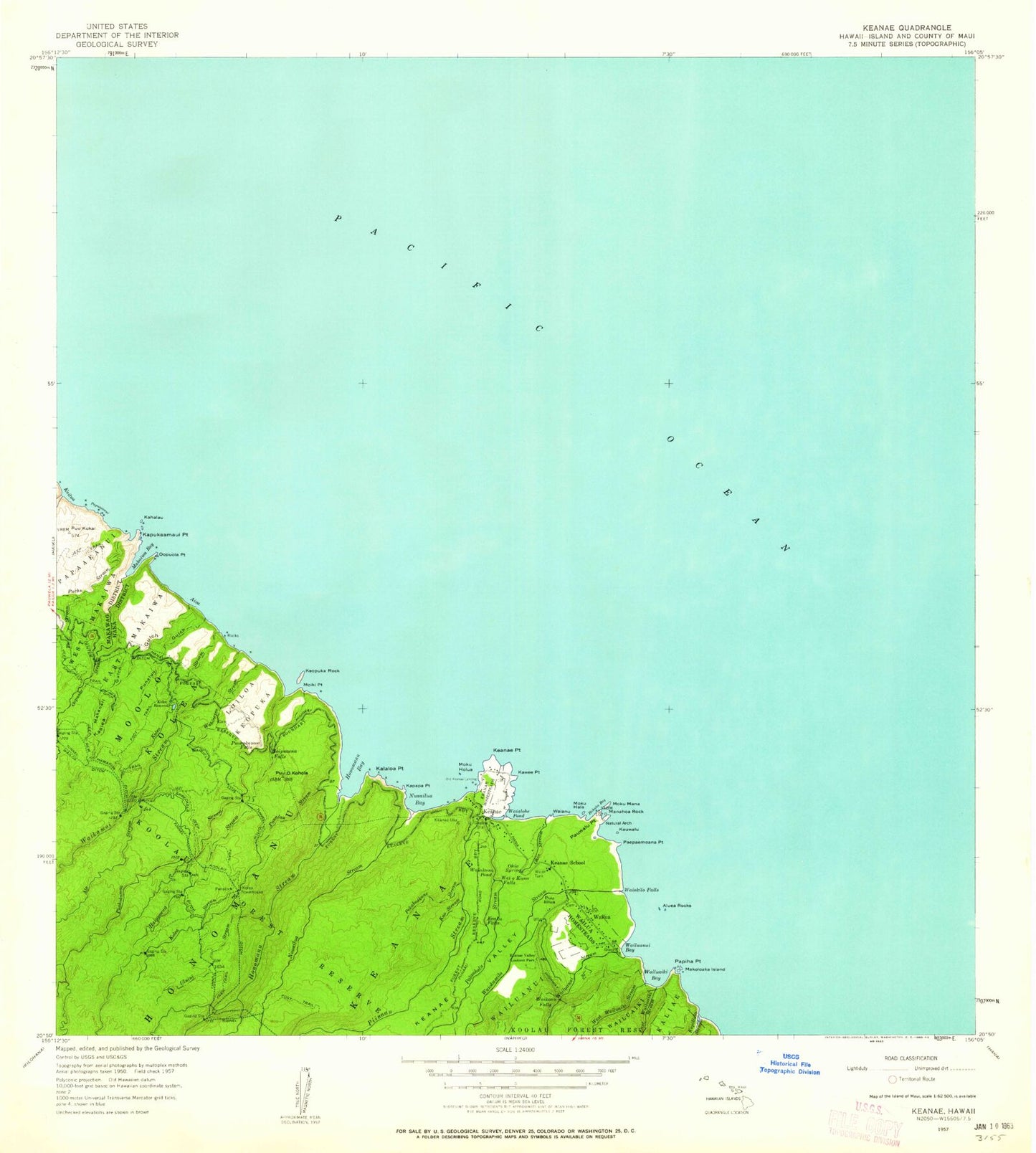 Classic USGS Keanae Hawaii 7.5'x7.5' Topo Map Image
