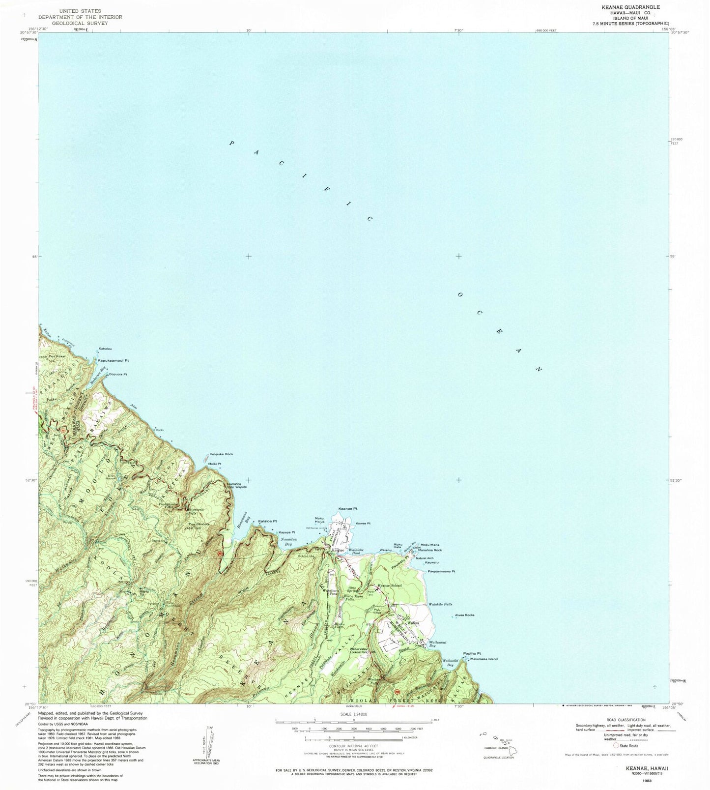 Classic USGS Keanae Hawaii 7.5'x7.5' Topo Map Image