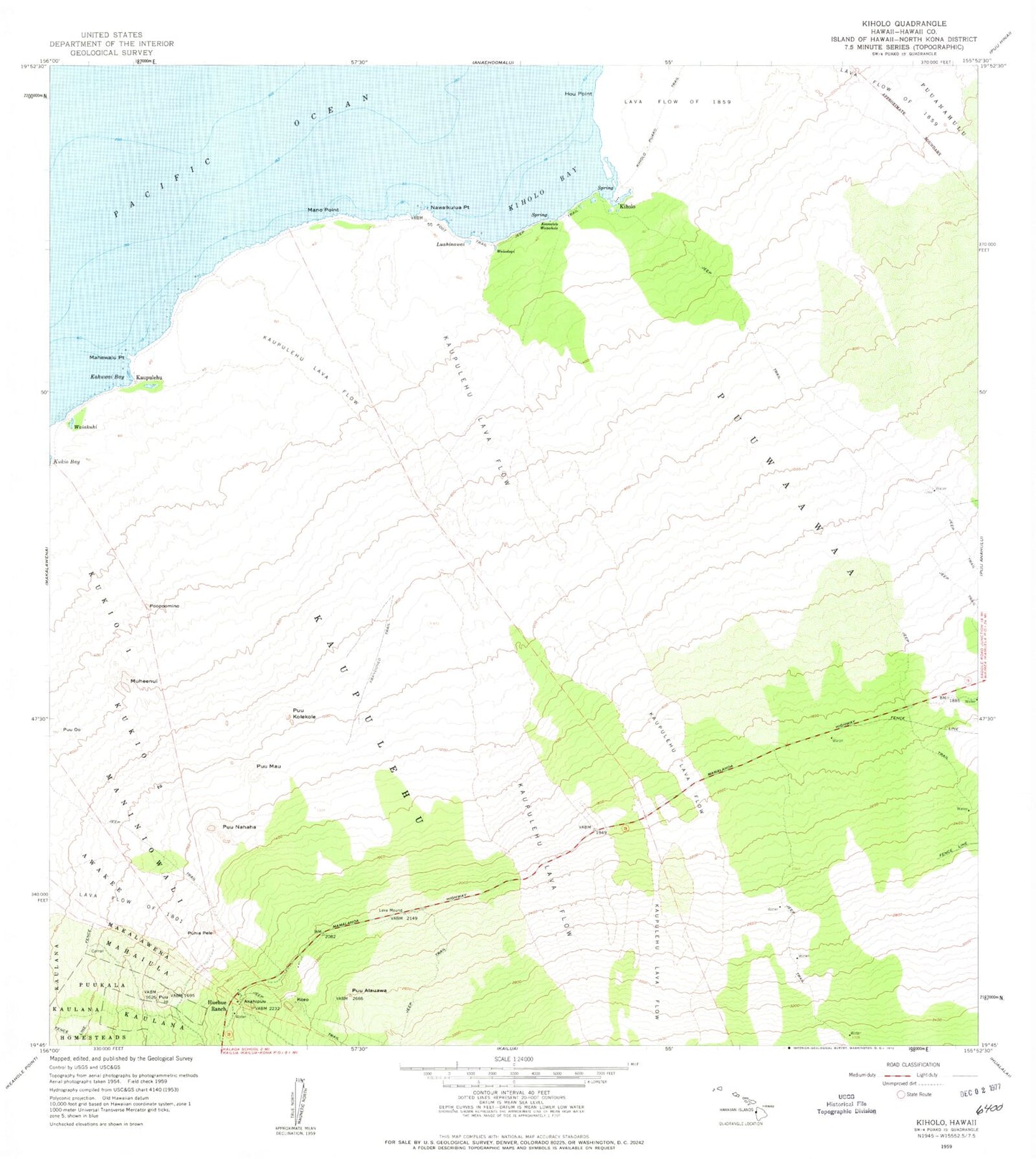 Classic USGS Kiholo Hawaii 7.5'x7.5' Topo Map Image