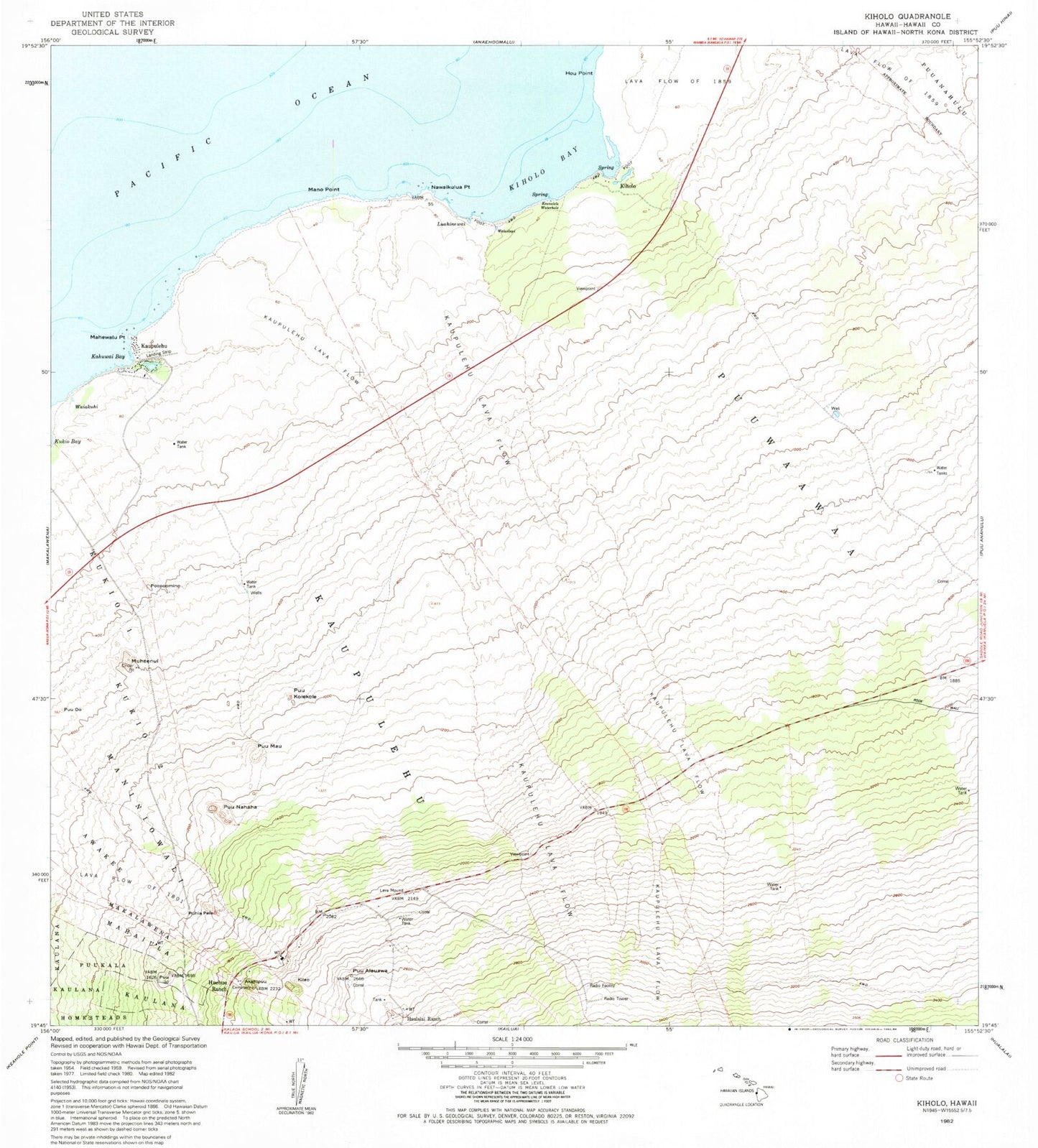 Classic USGS Kiholo Hawaii 7.5'x7.5' Topo Map Image