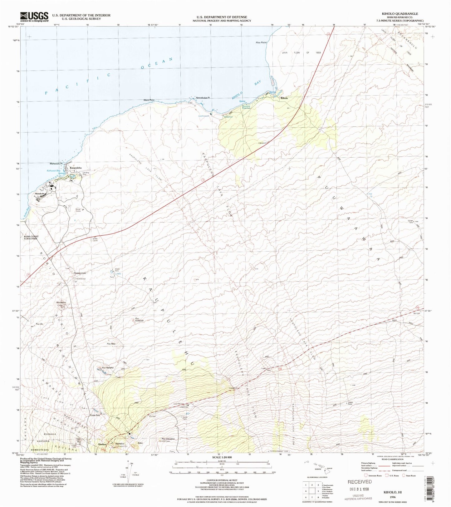 Classic USGS Kiholo Hawaii 7.5'x7.5' Topo Map Image