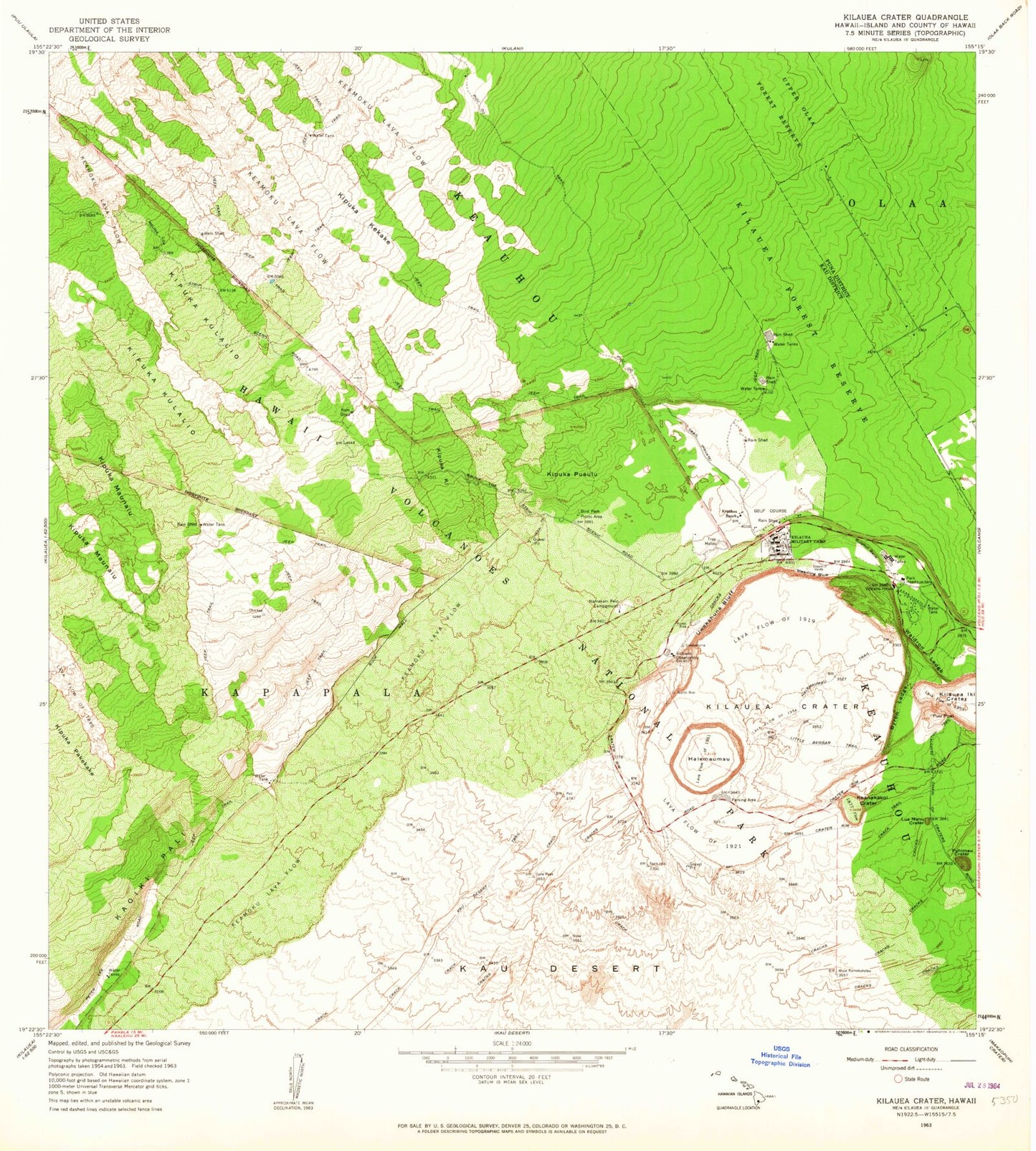Classic USGS Kilauea Crater Hawaii 7.5'x7.5' Topo Map Image