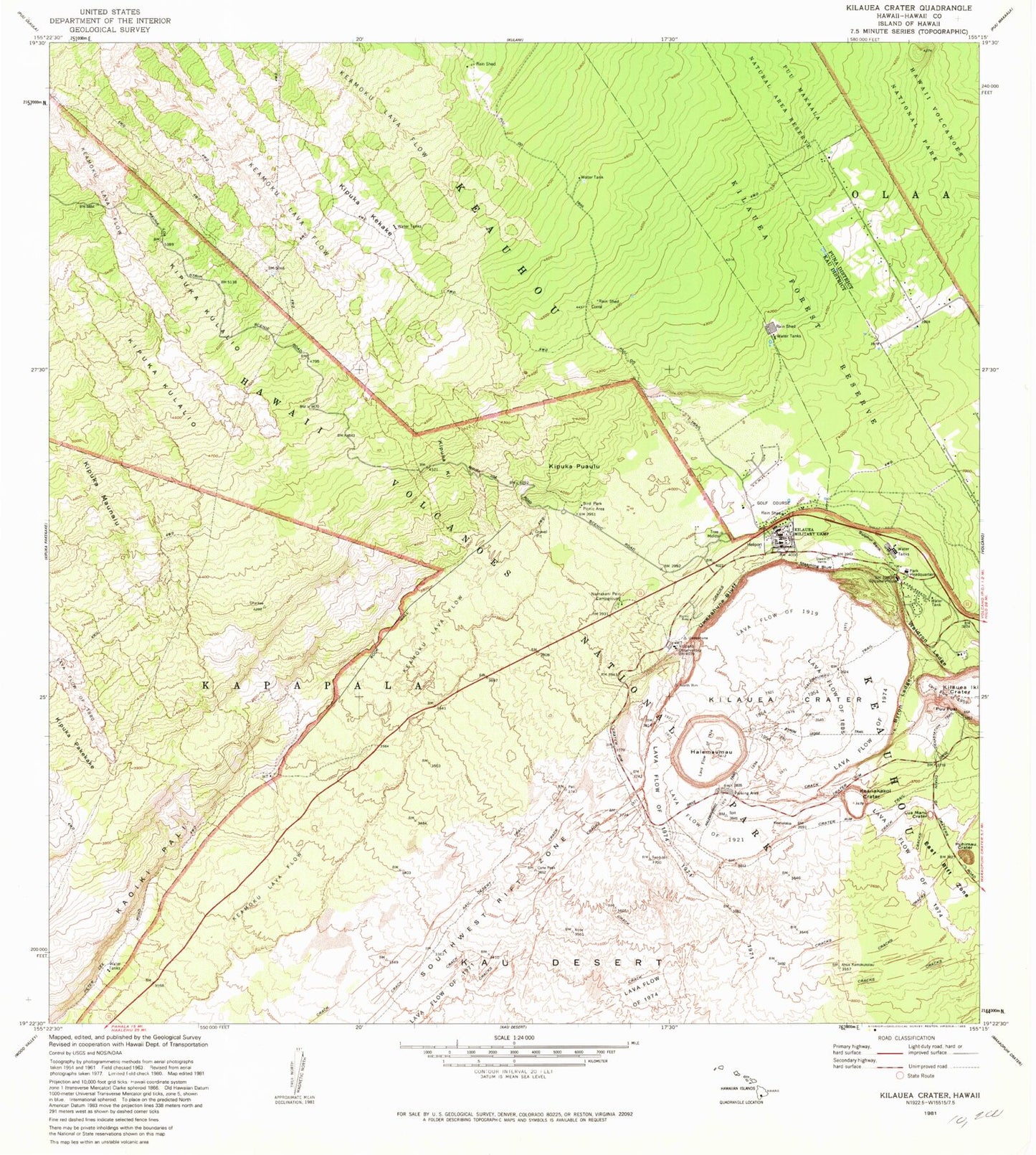 Classic USGS Kilauea Crater Hawaii 7.5'x7.5' Topo Map Image