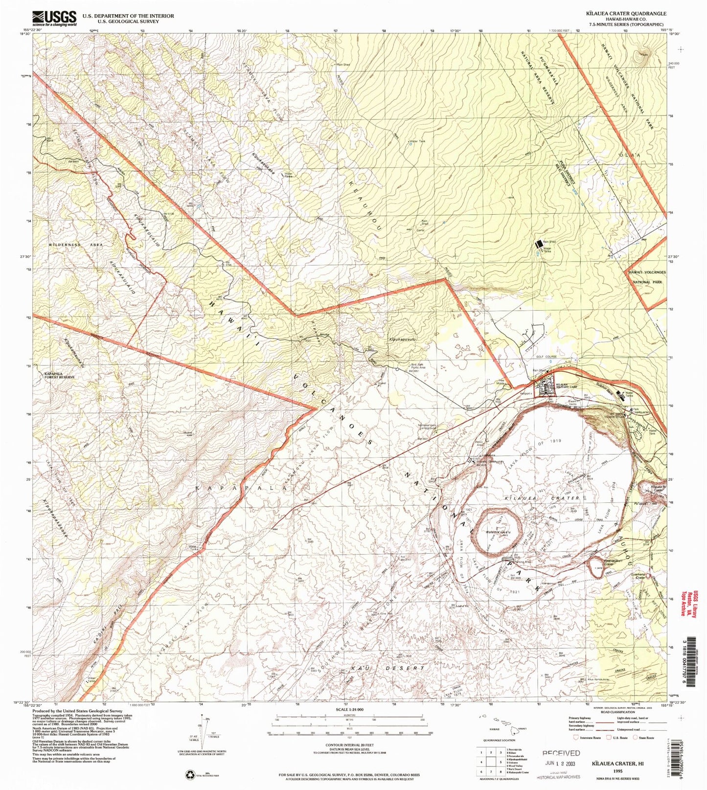 Classic USGS Kilauea Crater Hawaii 7.5'x7.5' Topo Map Image