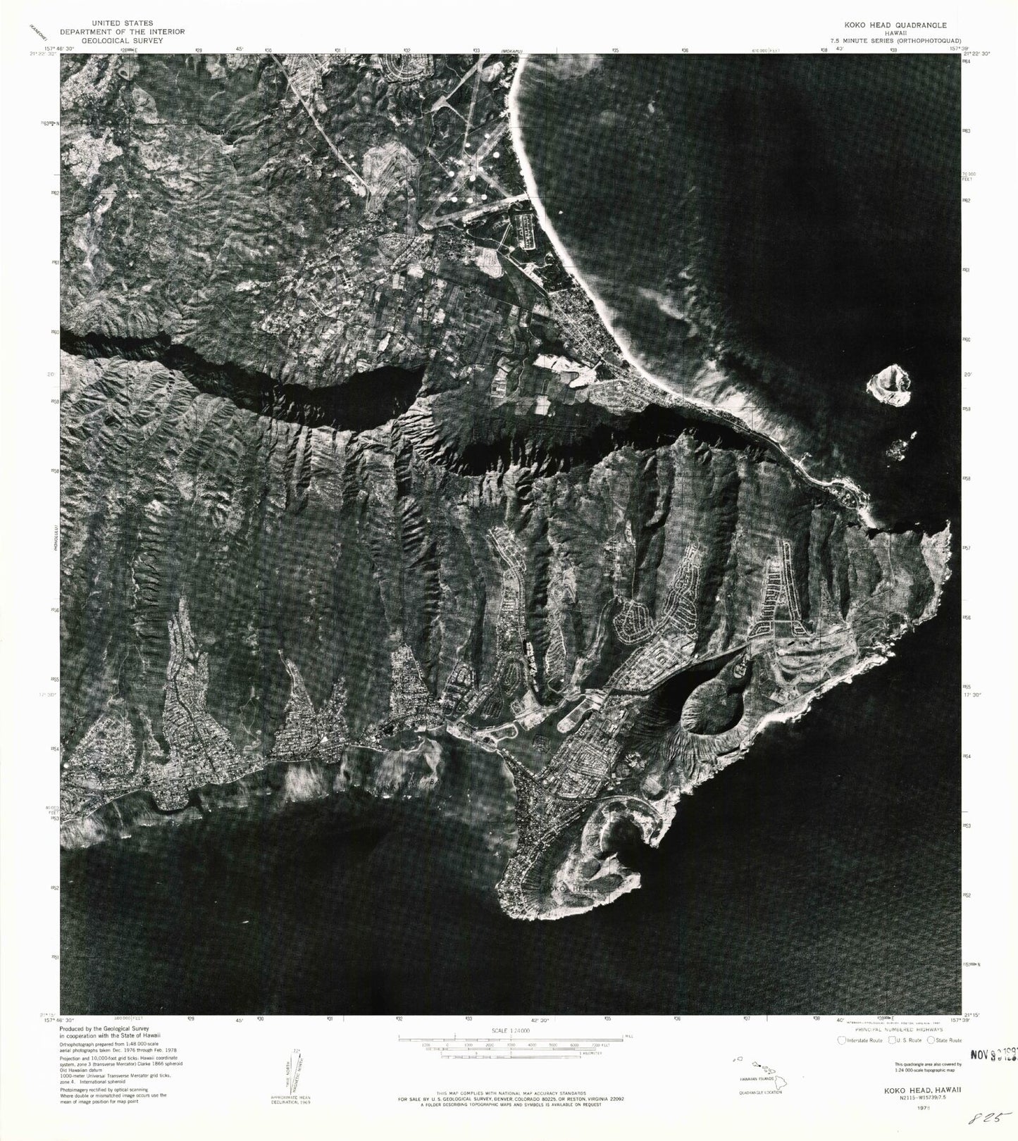 Classic USGS Koko Head Hawaii 7.5'x7.5' Topo Map Image
