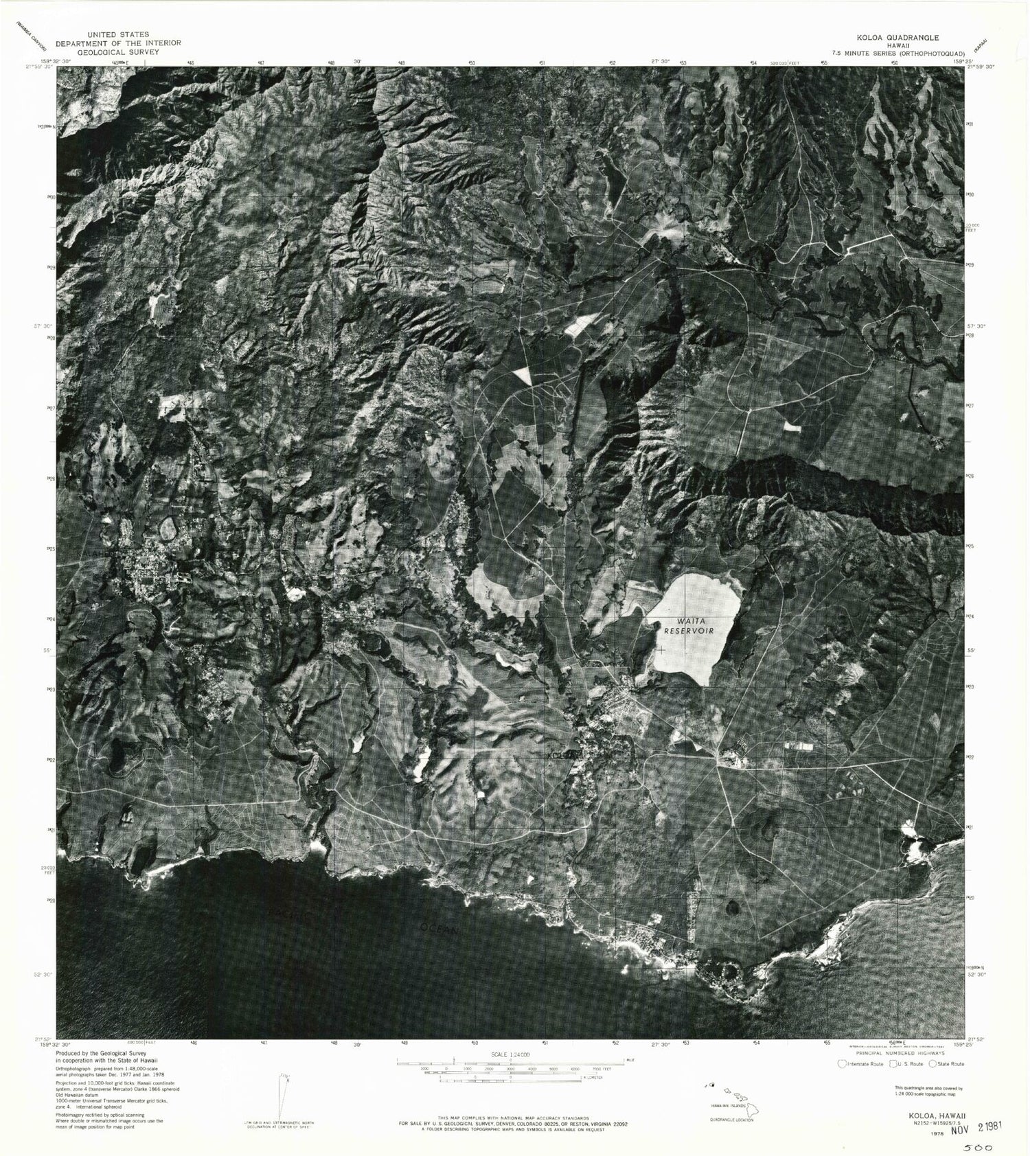 Classic USGS Koloa Hawaii 7.5'x7.5' Topo Map Image
