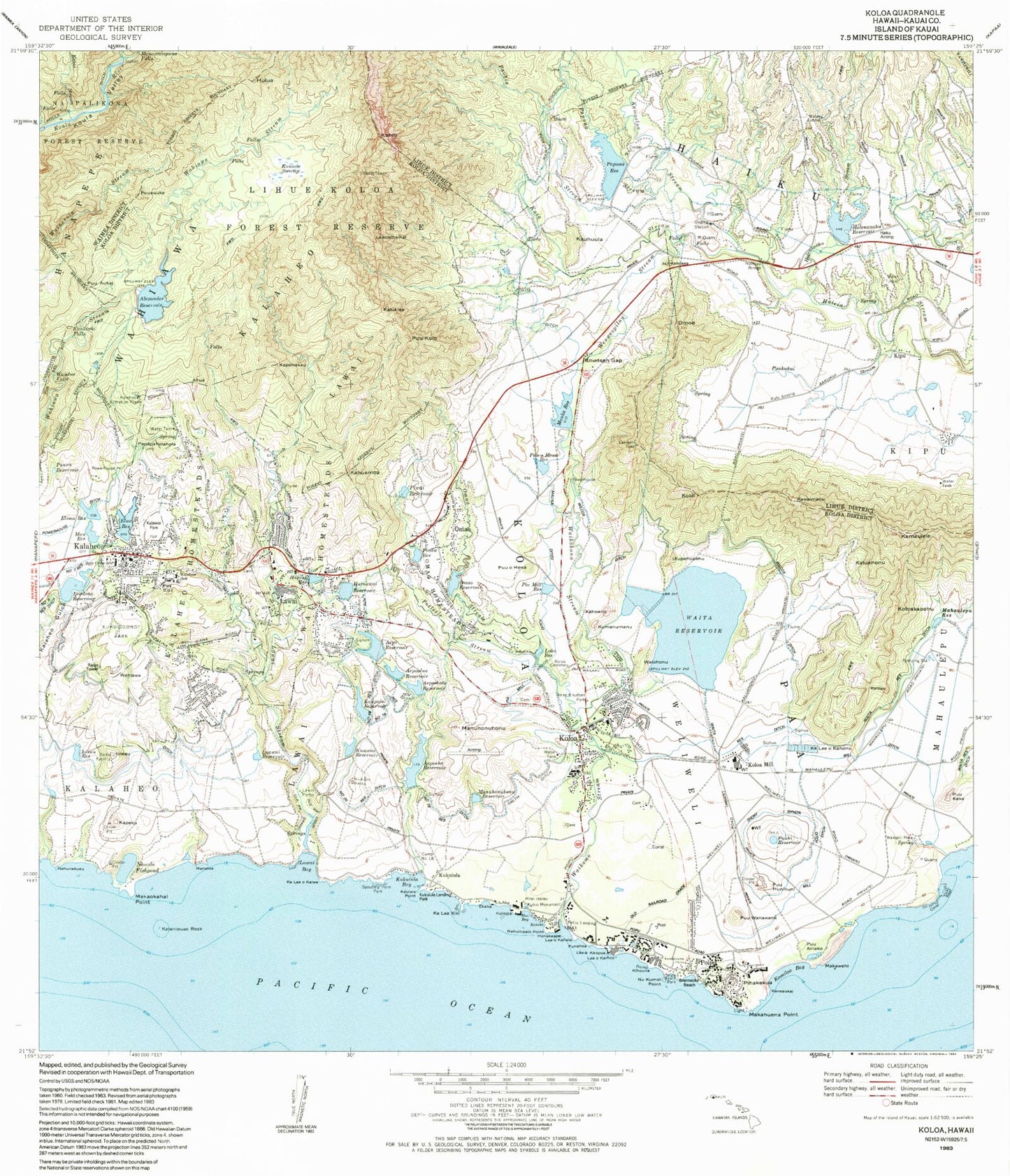 Classic USGS Koloa Hawaii 7.5'x7.5' Topo Map Image
