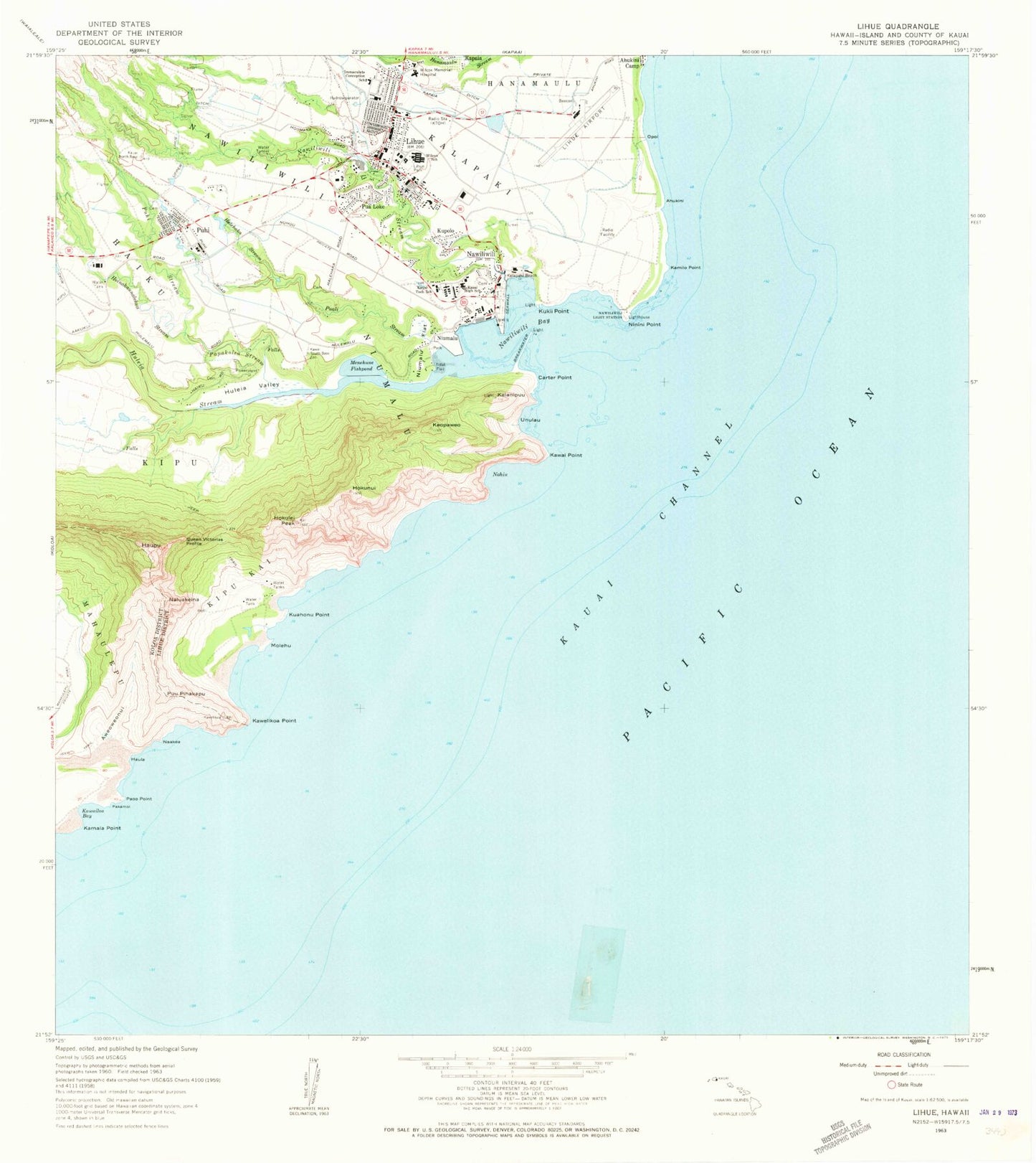 Classic USGS Lihue Hawaii 7.5'x7.5' Topo Map Image