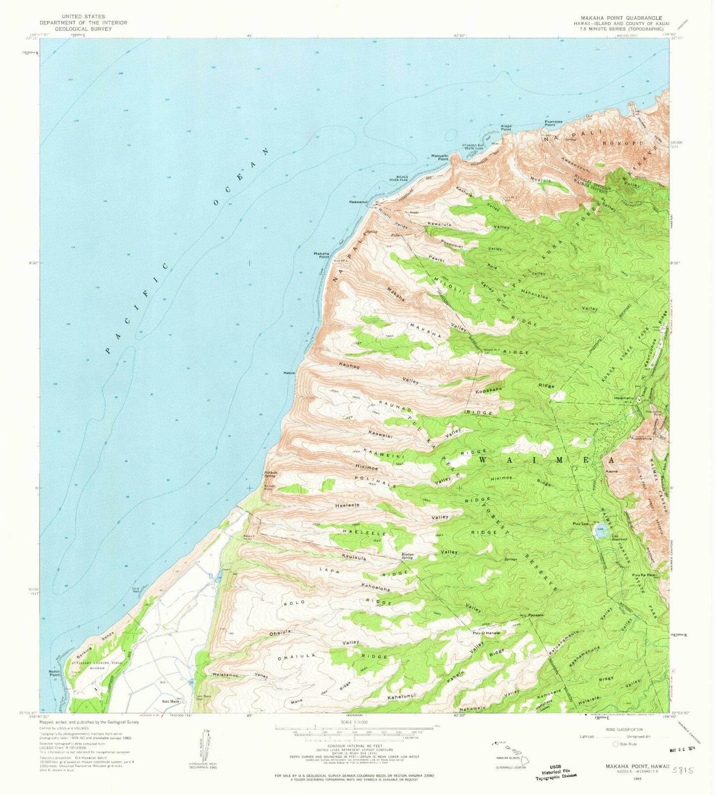 Classic USGS Makaha Point Hawaii 7.5'x7.5' Topo Map Image