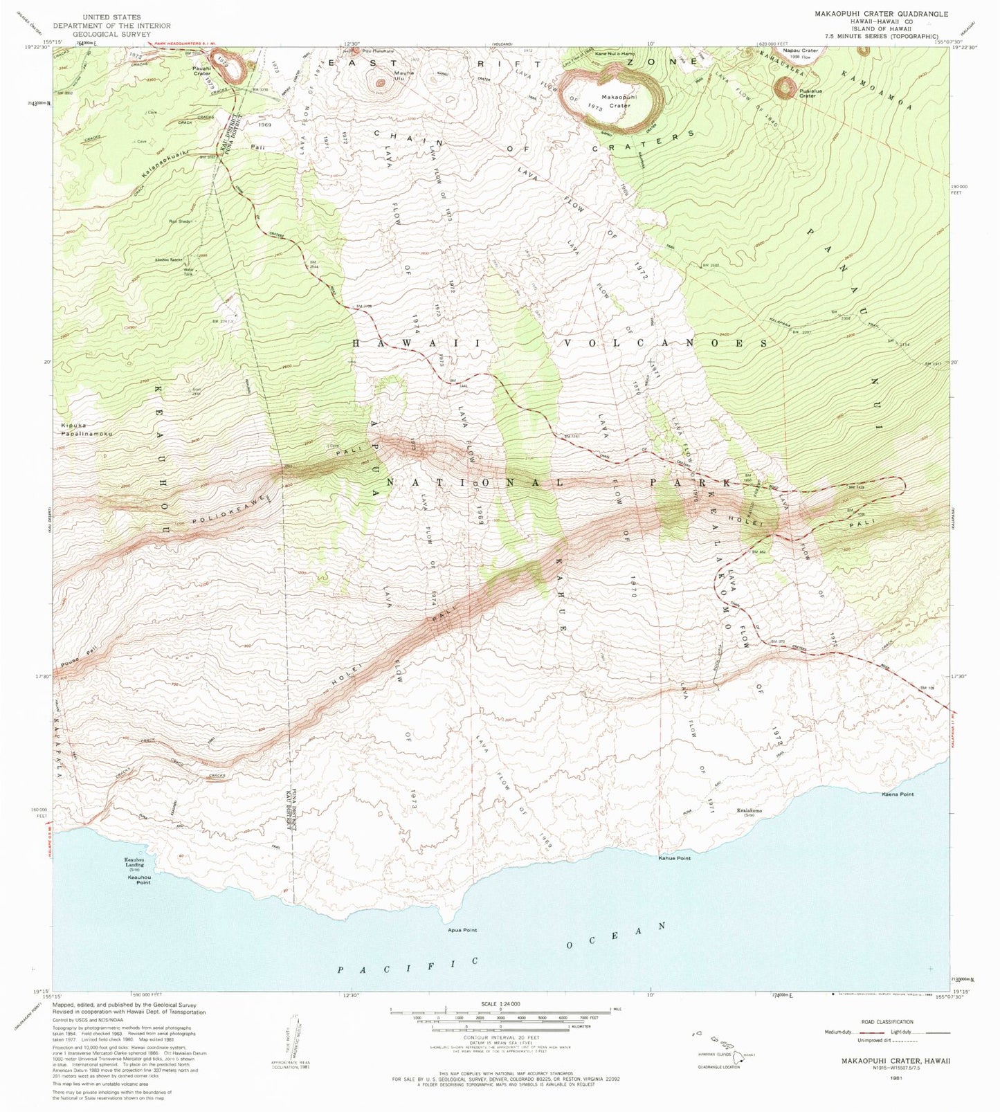 Classic USGS Makaopuhi Crater Hawaii 7.5'x7.5' Topo Map Image