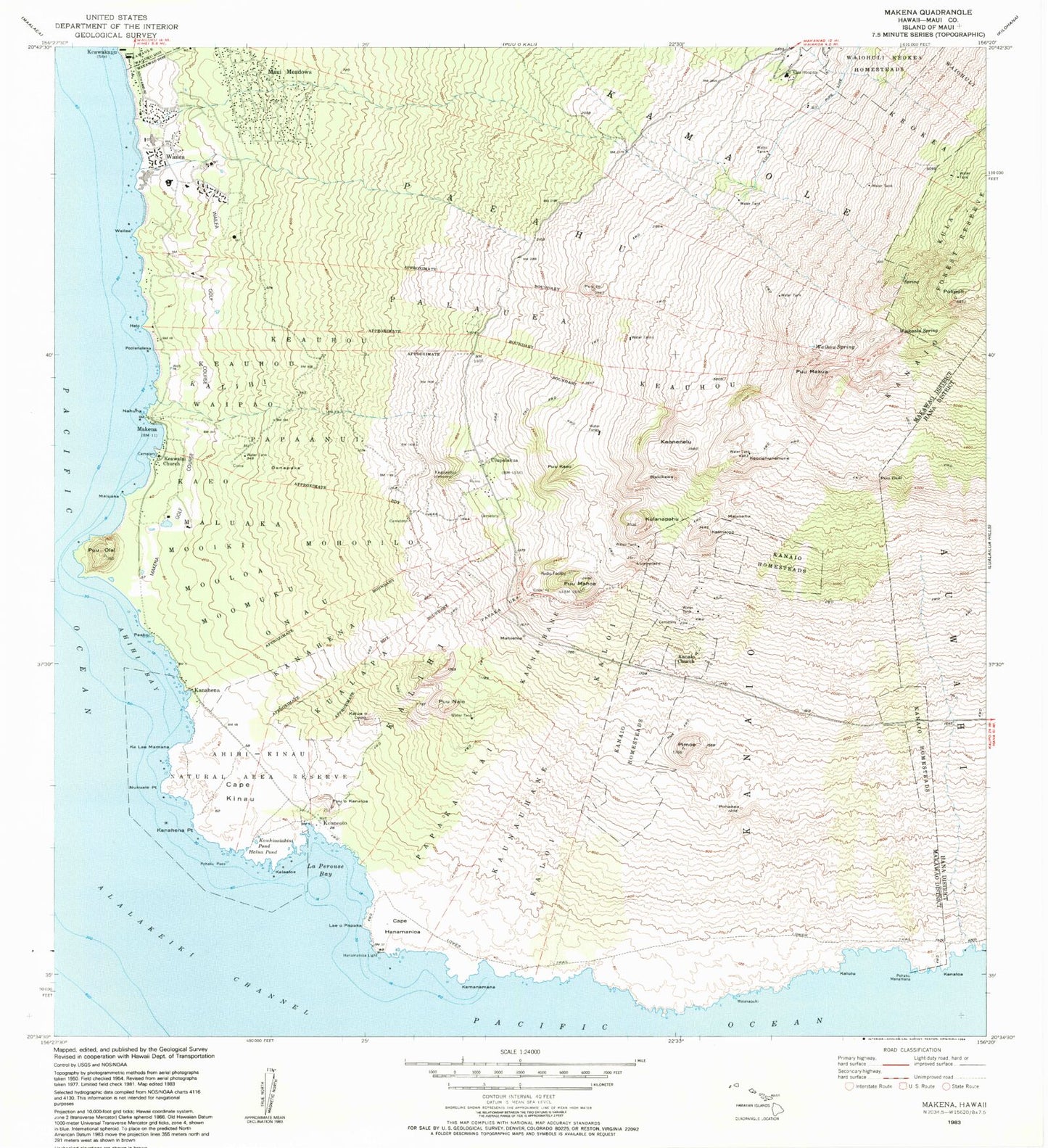 Classic USGS Makena Hawaii 7.5'x7.5' Topo Map Image