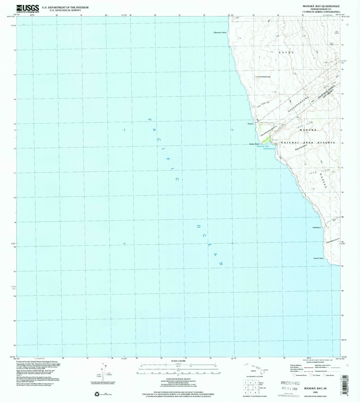 Classic USGS Manuka Bay Hawaii 7.5'x7.5' Topo Map Image
