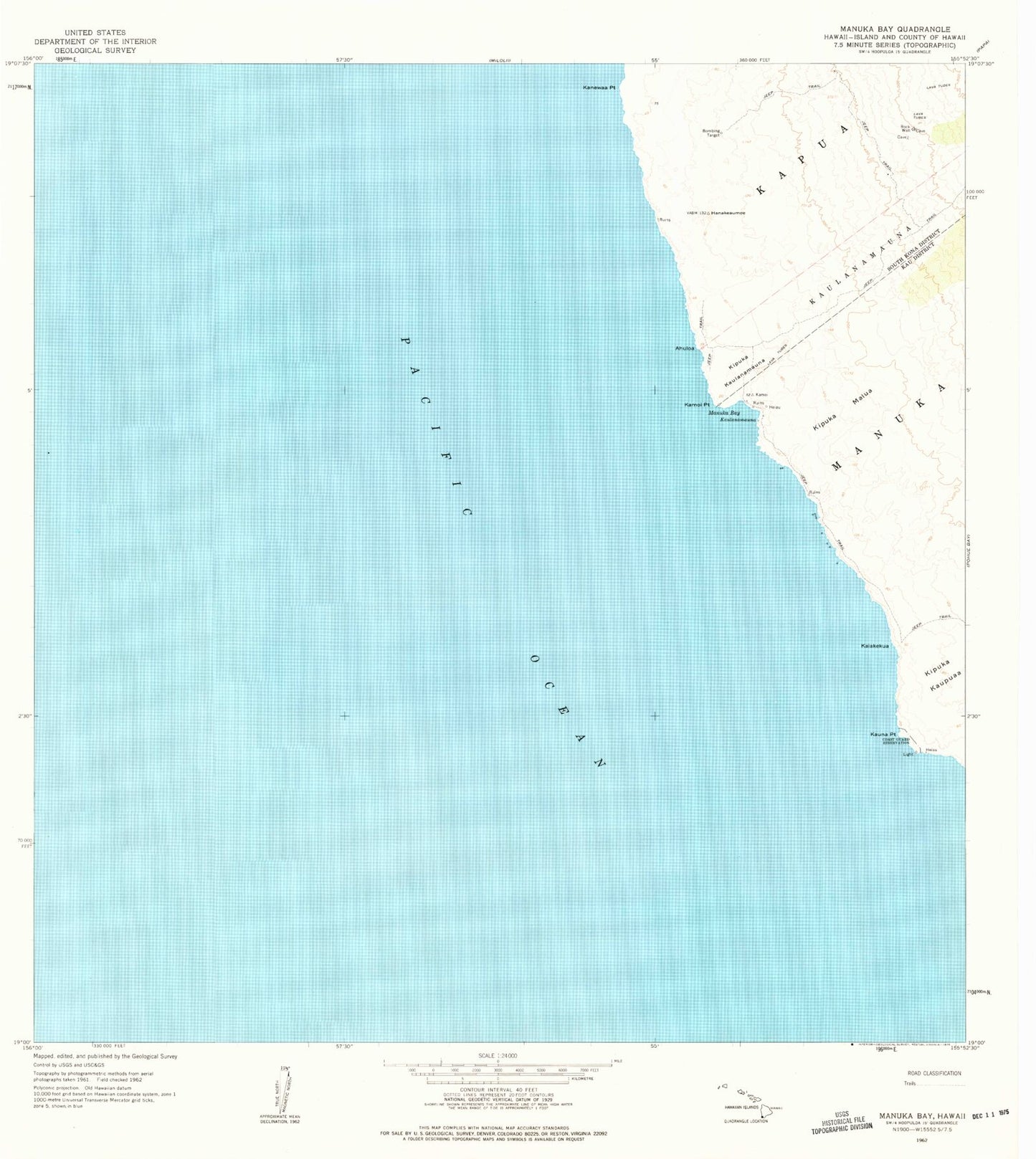 Classic USGS Manuka Bay Hawaii 7.5'x7.5' Topo Map Image