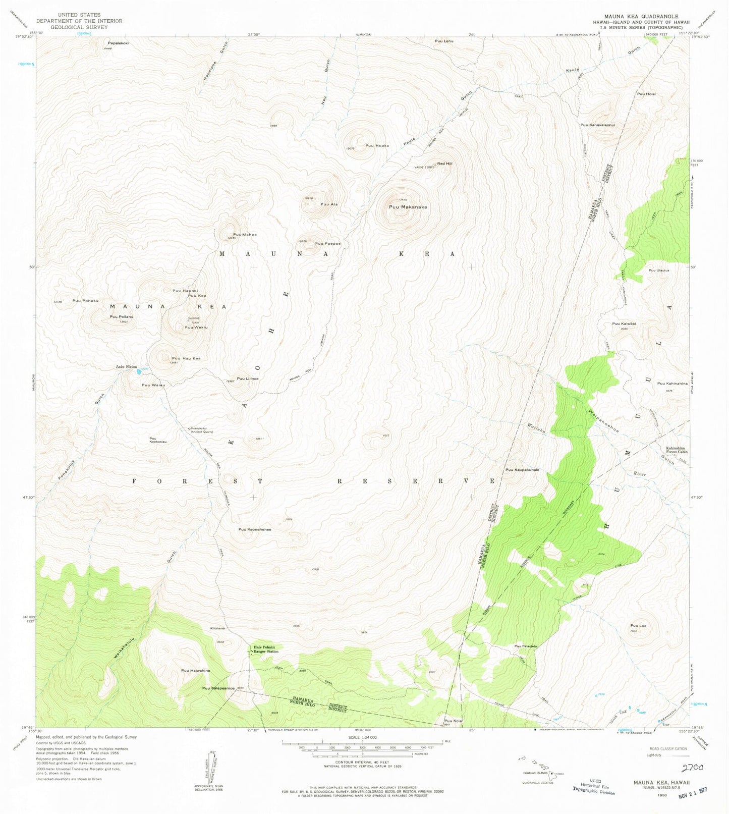 Classic USGS Mauna Kea Hawaii 7.5'x7.5' Topo Map Image