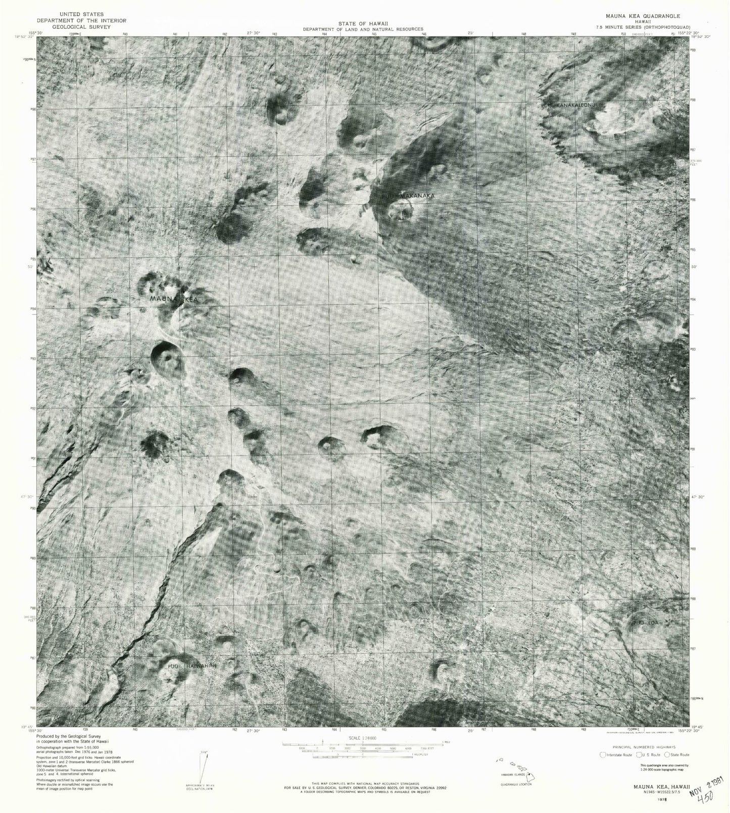 Classic USGS Mauna Kea Hawaii 7.5'x7.5' Topo Map Image