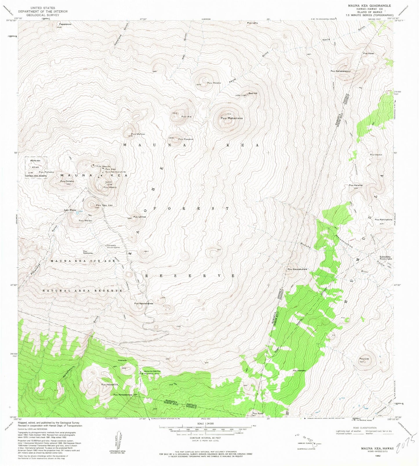 Classic USGS Mauna Kea Hawaii 7.5'x7.5' Topo Map Image